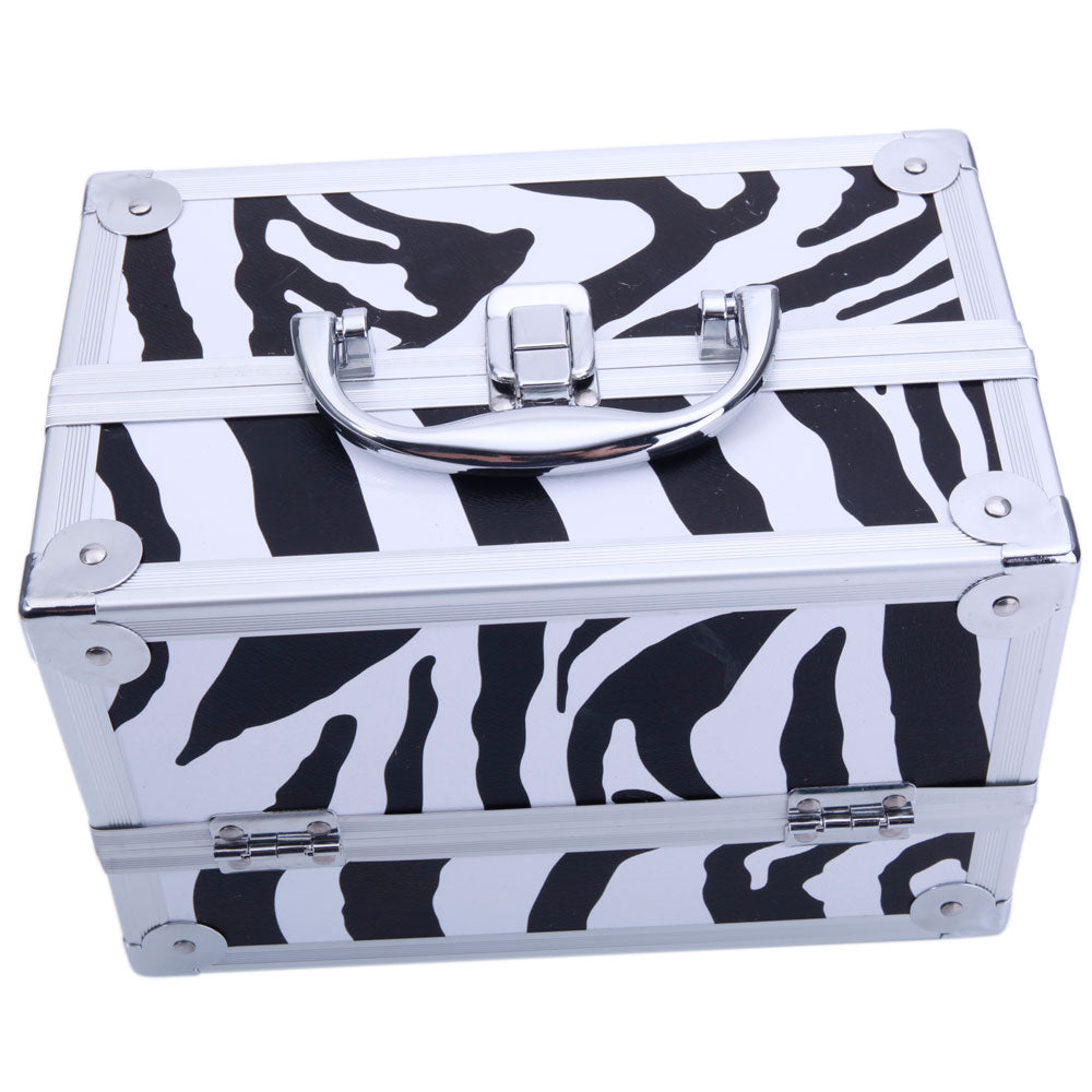 Cosmetics storage SM-2176 Aluminum Makeup Train Case Jewelry Box Cosmetic Organizer with Mirror 9"x6"x6" White Zebra【Local Goods】