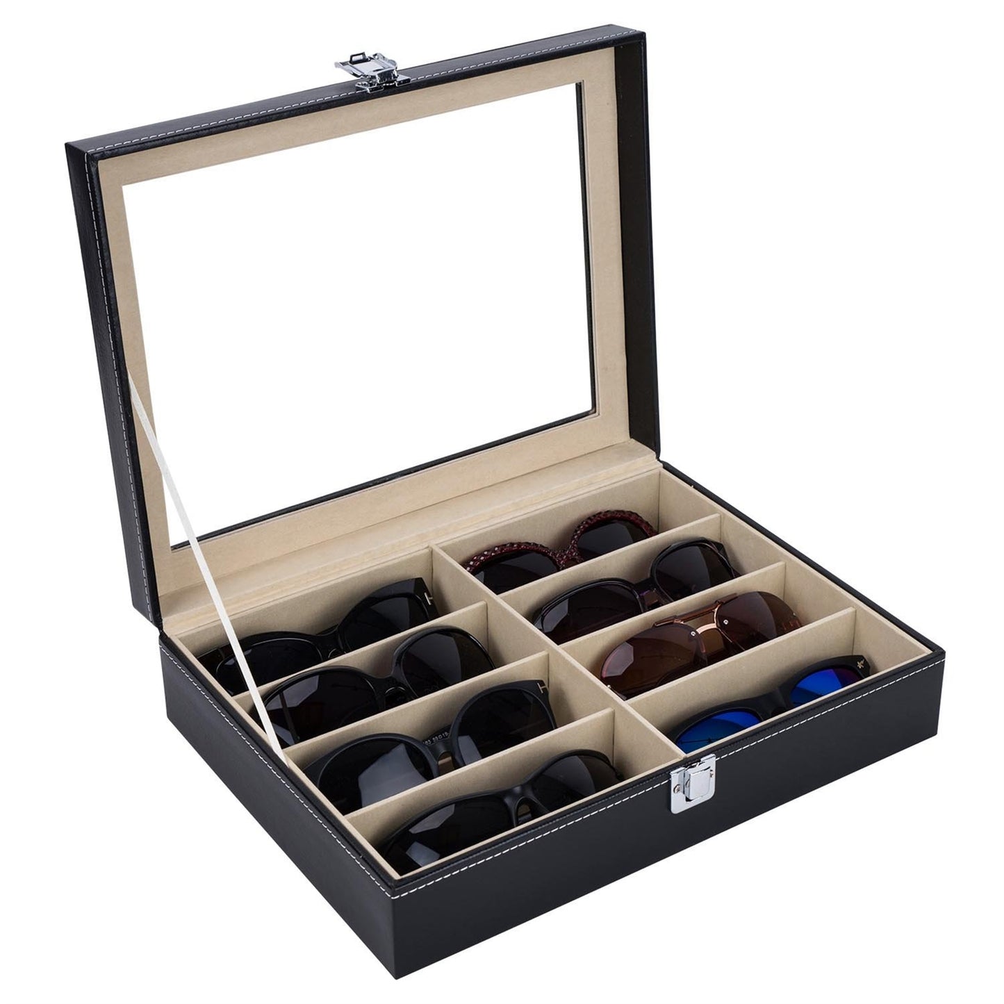 Cosmetics storage Leather Multi Sunglasses Organizer for Women Men Eyeglasses Eyewear Display Case Sunglass Glasses Storage Holder Box Sunglasses Collection Case with 8 Slots Black【Local Goods】