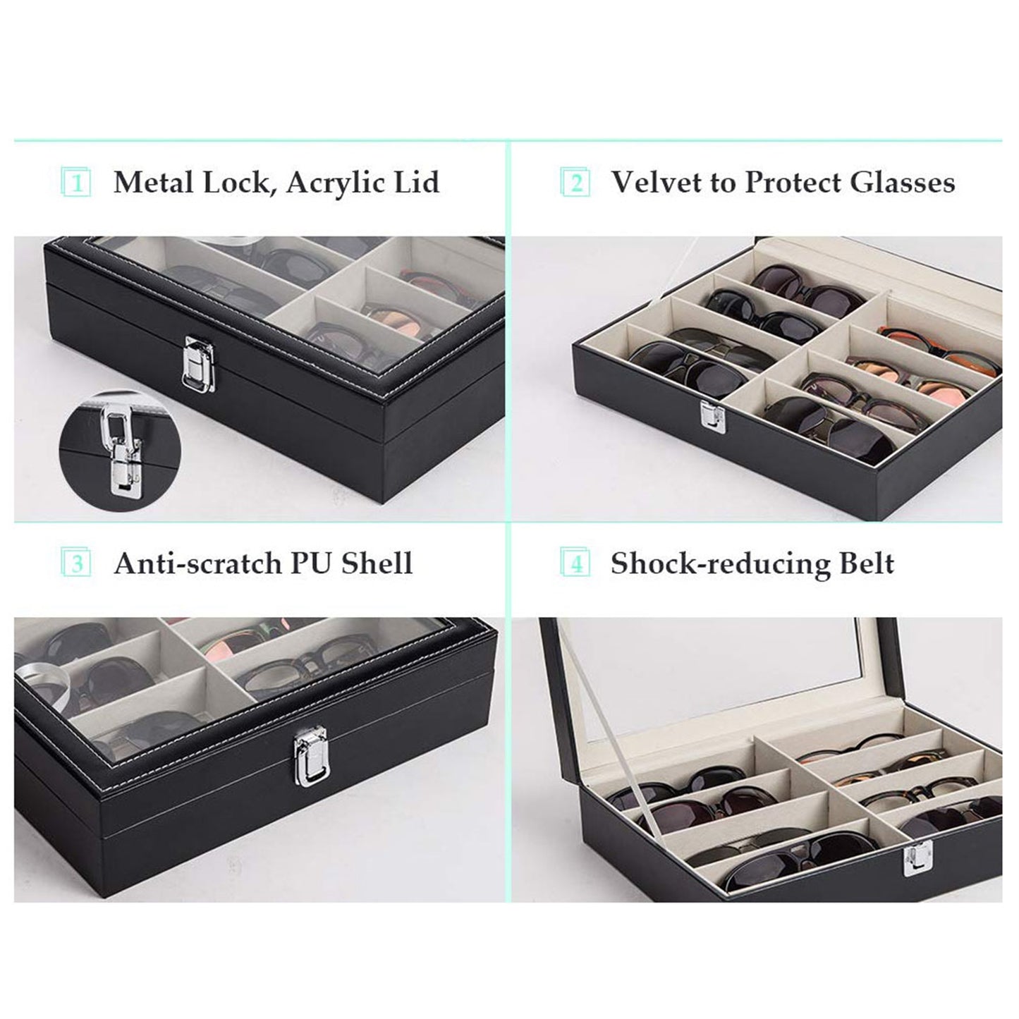 Cosmetics storage Leather Multi Sunglasses Organizer for Women Men Eyeglasses Eyewear Display Case Sunglass Glasses Storage Holder Box Sunglasses Collection Case with 8 Slots Black【Local Goods】