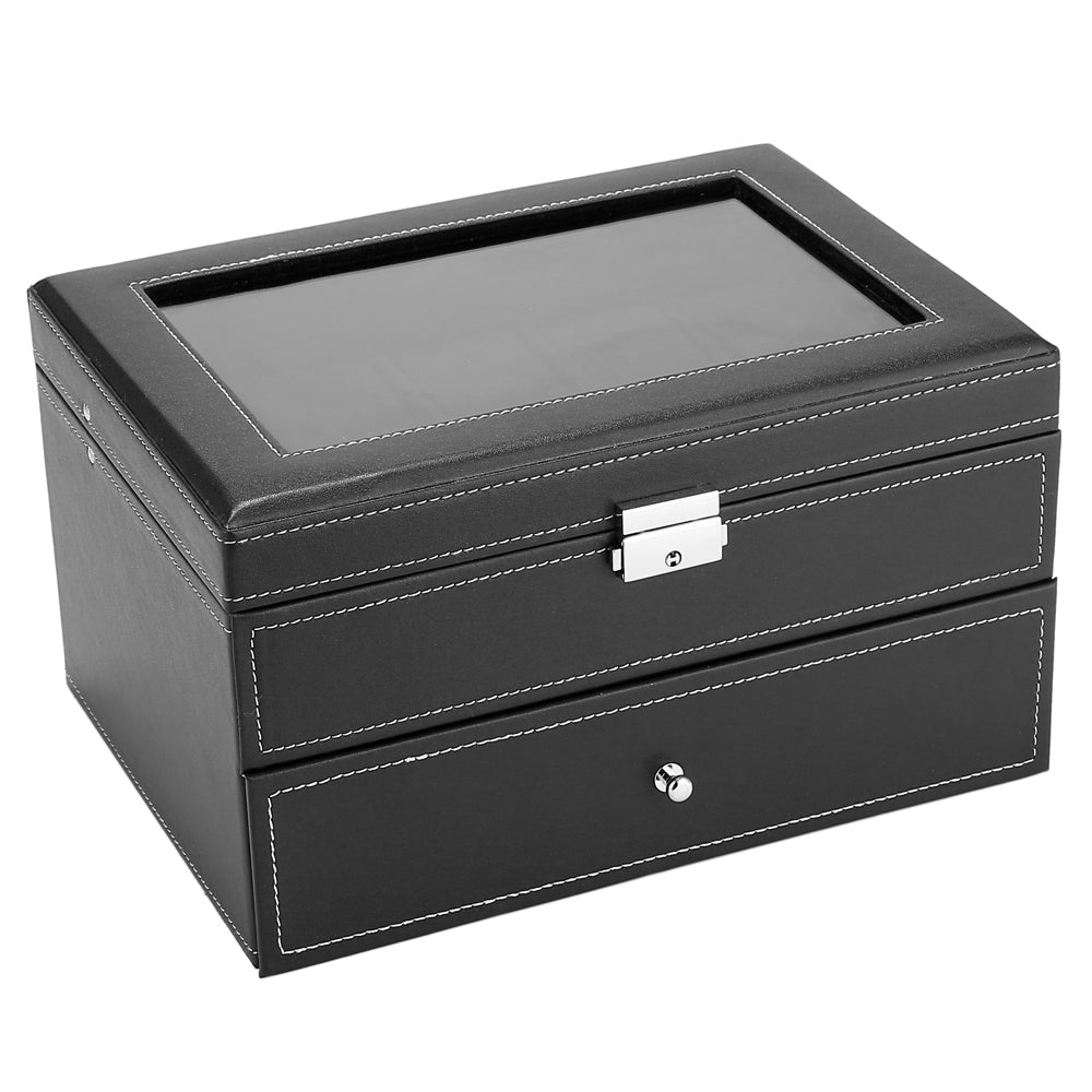 Cosmetics storage Watch Box 20 Mens Case Glass Top Display Organizer Lockable Black【Local Goods】
