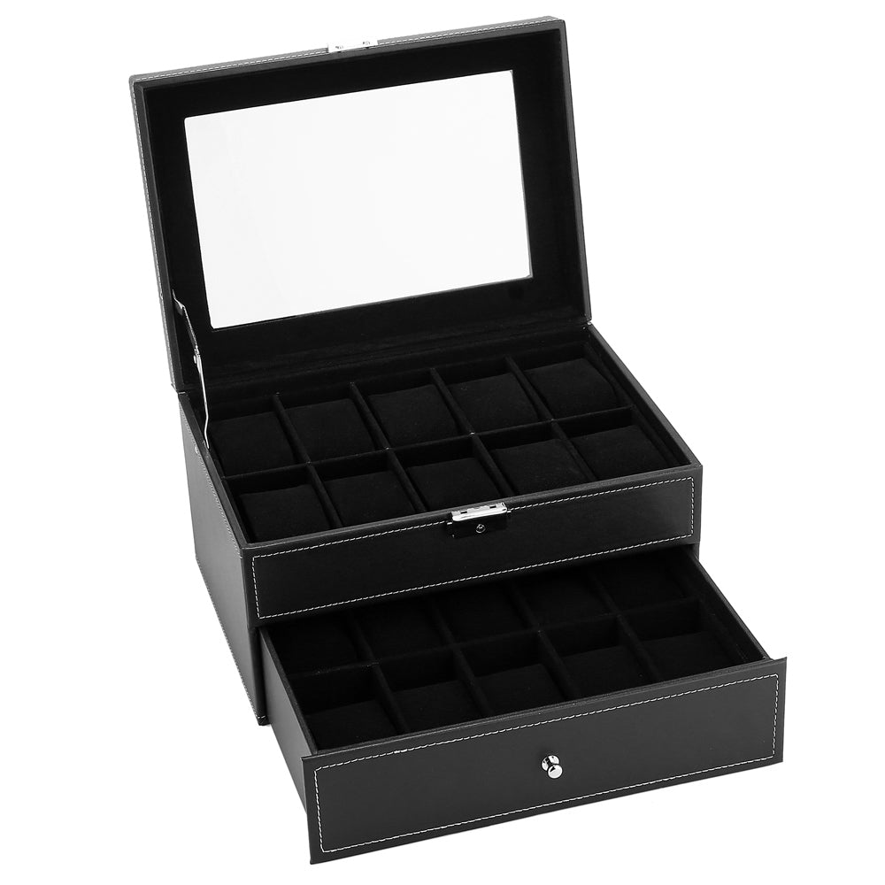 Cosmetics storage Watch Box 20 Mens Case Glass Top Display Organizer Lockable Black【Local Goods】