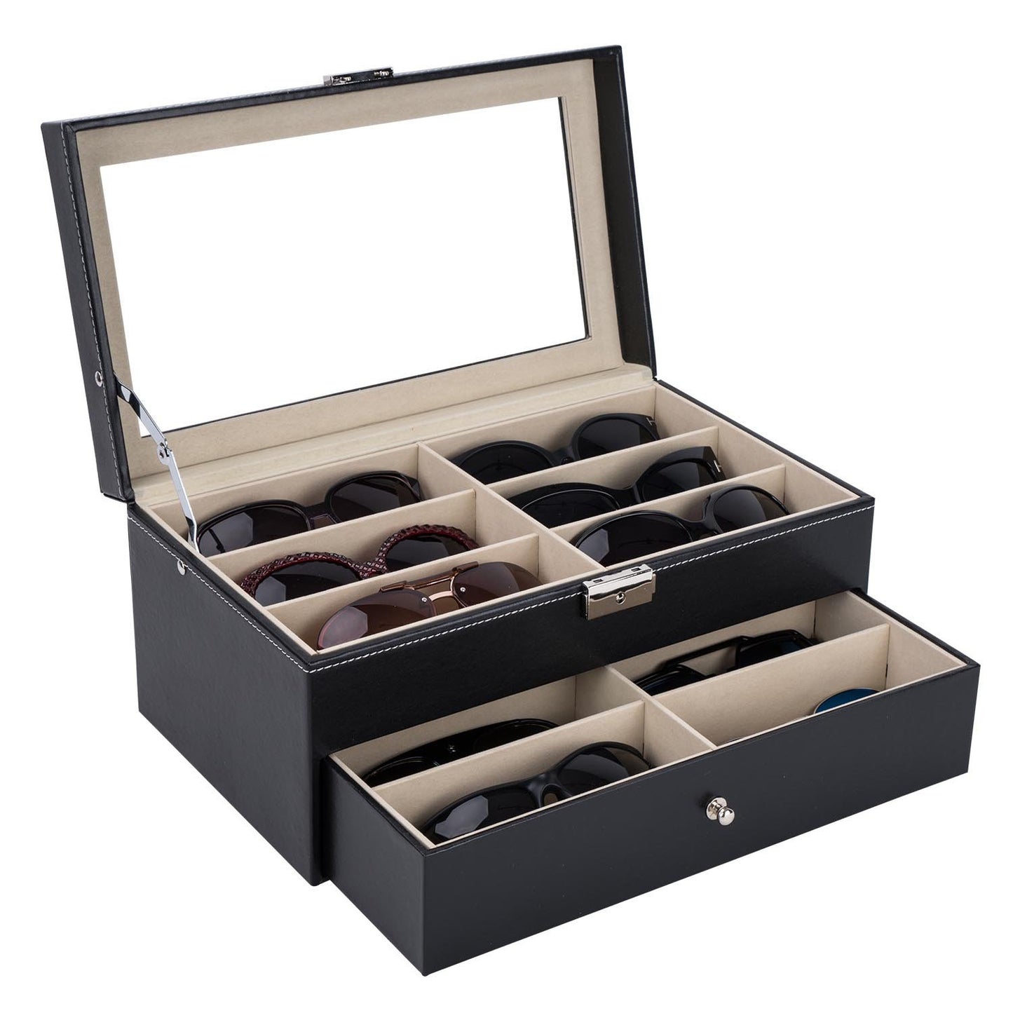 Cosmetics storage Leather 12 Piece Eyeglasses Storage and Sunglass Glasses Display Drawer Lockable Case Organizer Black【Local Goods】