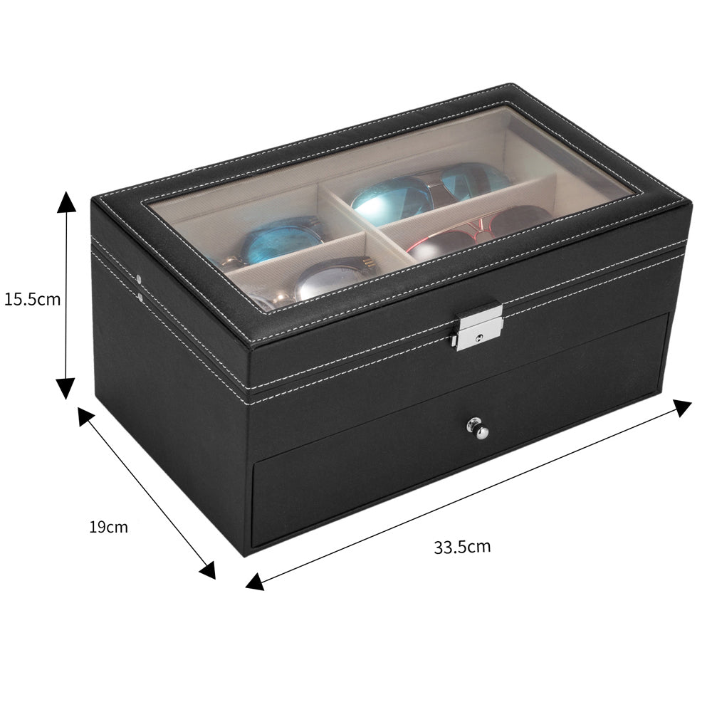 Cosmetics storage Leather 12 Piece Eyeglasses Storage and Sunglass Glasses Display Drawer Lockable Case Organizer Black【Local Goods】
