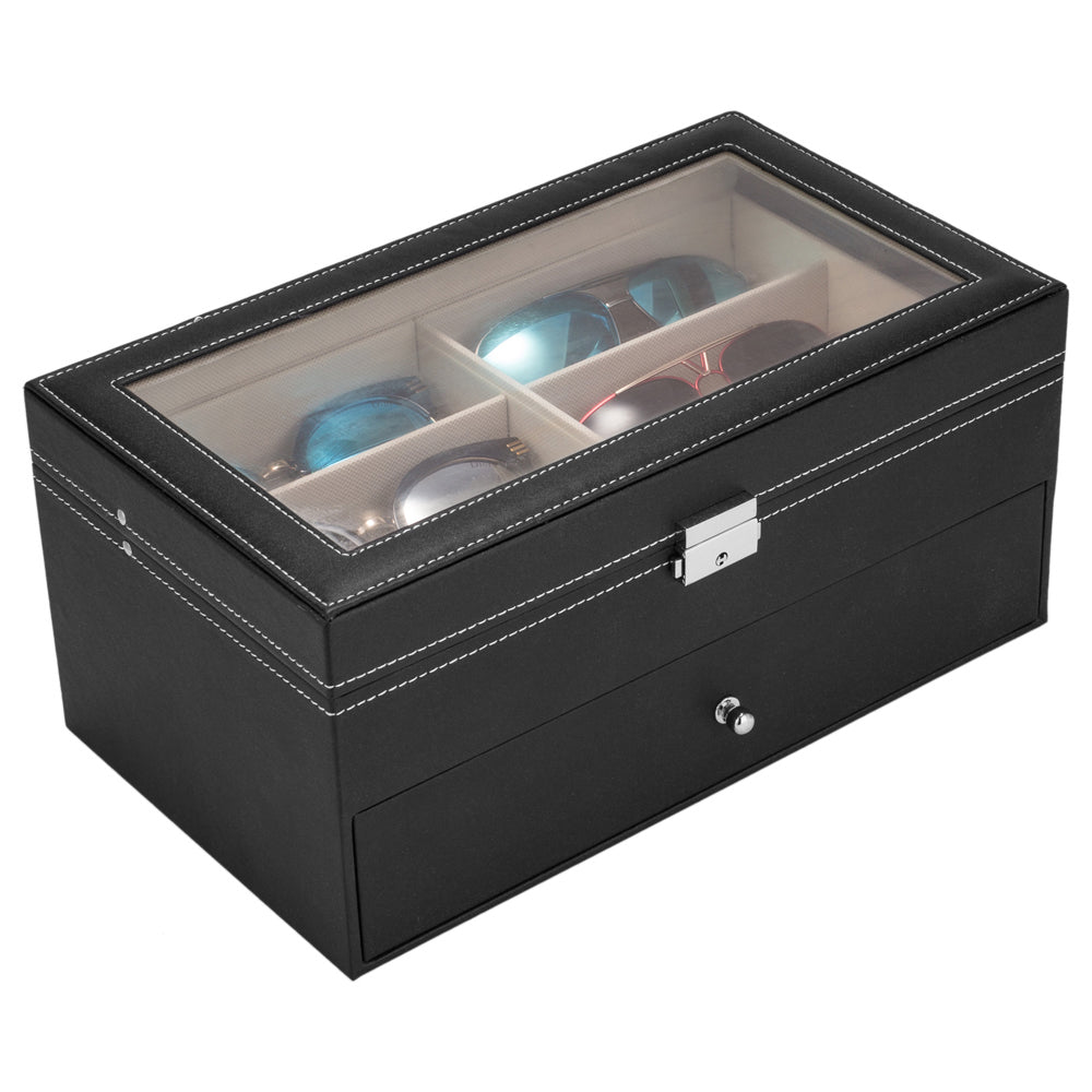 Cosmetics storage Leather 12 Piece Eyeglasses Storage and Sunglass Glasses Display Drawer Lockable Case Organizer Black【Local Goods】