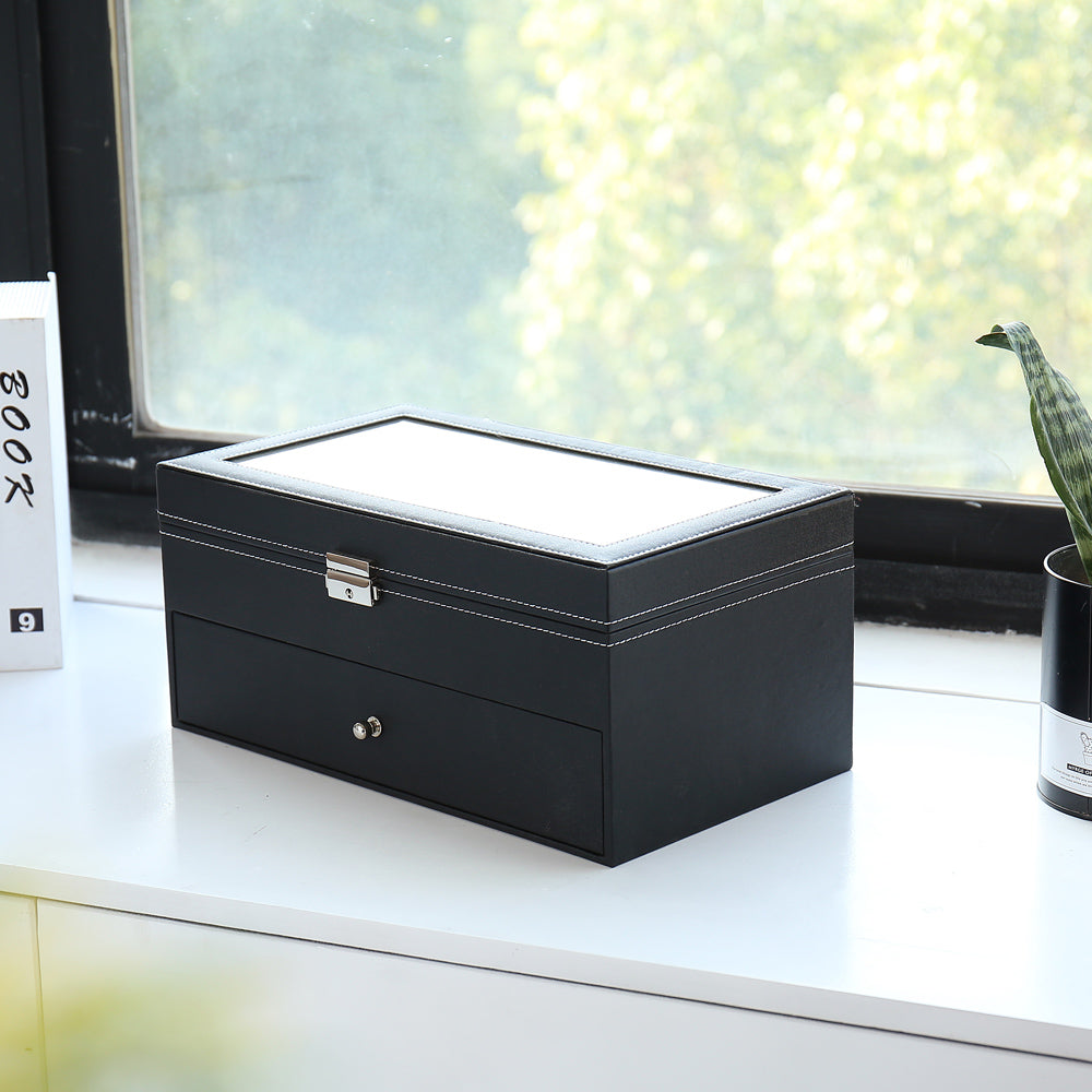 Cosmetics storage Leather 12 Piece Eyeglasses Storage and Sunglass Glasses Display Drawer Lockable Case Organizer Black【Local Goods】