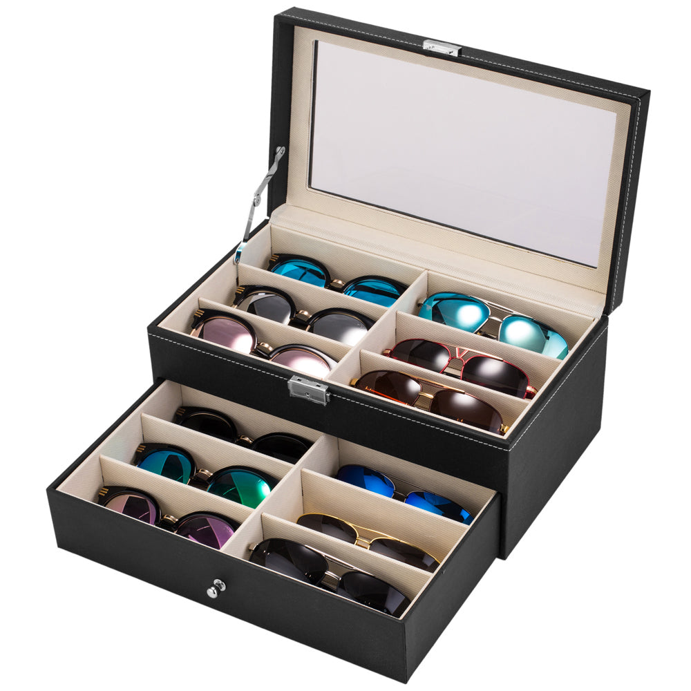 Cosmetics storage Leather 12 Piece Eyeglasses Storage and Sunglass Glasses Display Drawer Lockable Case Organizer Black【Local Goods】