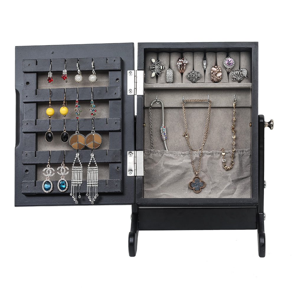 Cosmetics storage Small Mirror Jewelry Cabinet Organizer Armoire Storage Box Countertop with Stand Black【Local Goods】