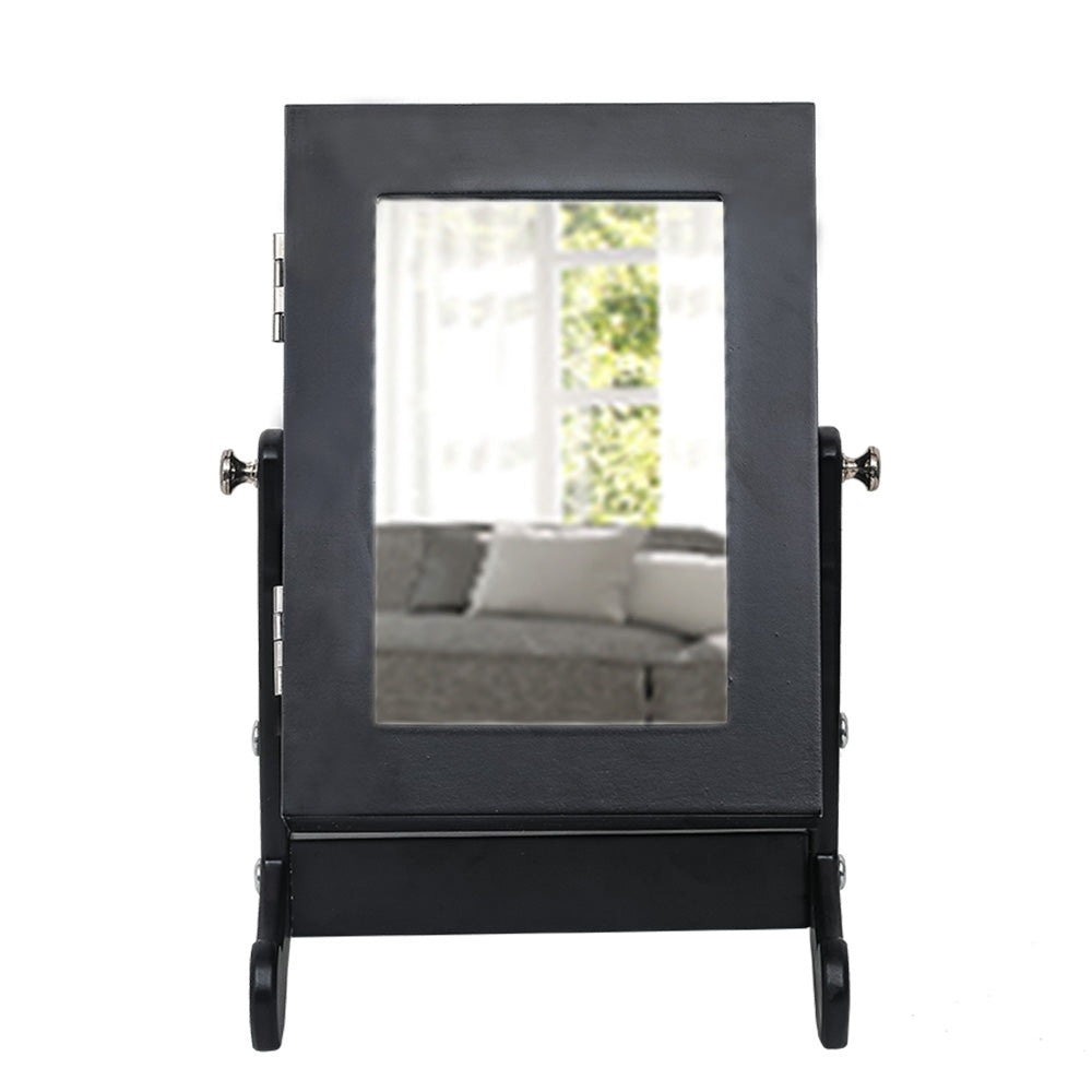 Cosmetics storage Small Mirror Jewelry Cabinet Organizer Armoire Storage Box Countertop with Stand Black【Local Goods】