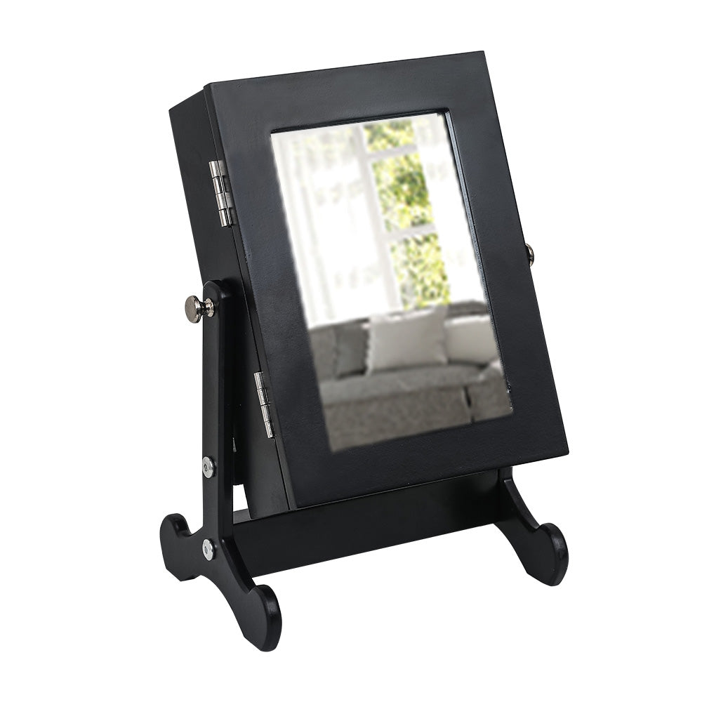 Cosmetics storage Small Mirror Jewelry Cabinet Organizer Armoire Storage Box Countertop with Stand Black【Local Goods】