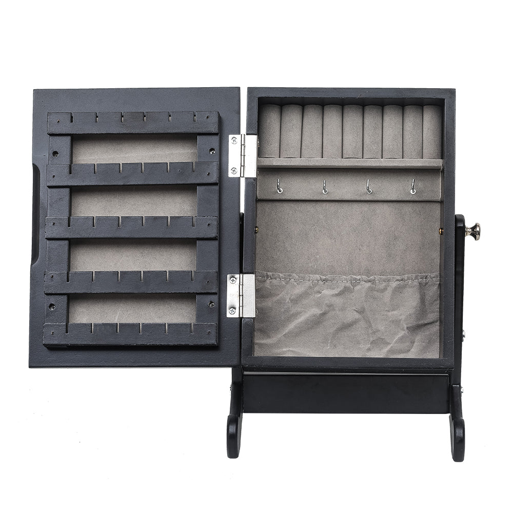 Cosmetics storage Small Mirror Jewelry Cabinet Organizer Armoire Storage Box Countertop with Stand Black【Local Goods】