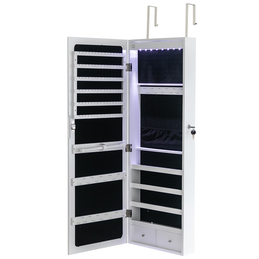 Cosmetics storage Non Full Mirror Wooden Wall Mounted 4-Layer Shelf, 2 Drawers, 8 Blue LED Lights, Jewelry Storage Mirror Cabinet - White【Local Goods】