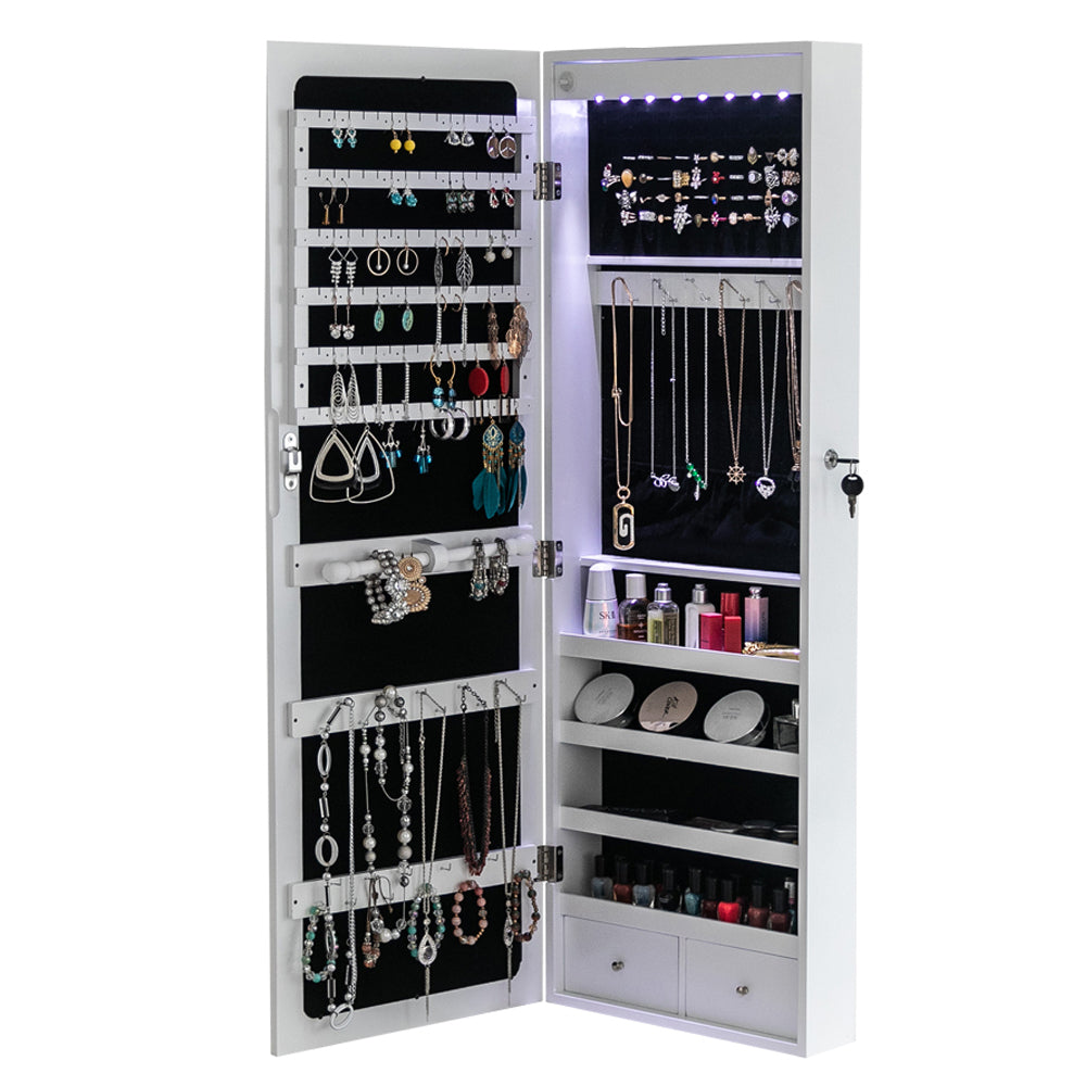 Cosmetics storage Non Full Mirror Wooden Wall Mounted 4-Layer Shelf, 2 Drawers, 8 Blue LED Lights, Jewelry Storage Mirror Cabinet - White【Local Goods】