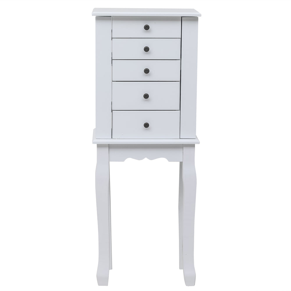 Cosmetics storage Standing Jewelry Armoire with Mirror, 5 Drawers & 8 Necklace Hooks, Jewelry Cabinet Chest with Top Storage Organizer , 2 Side Swing Doors(White)【Local Goods】