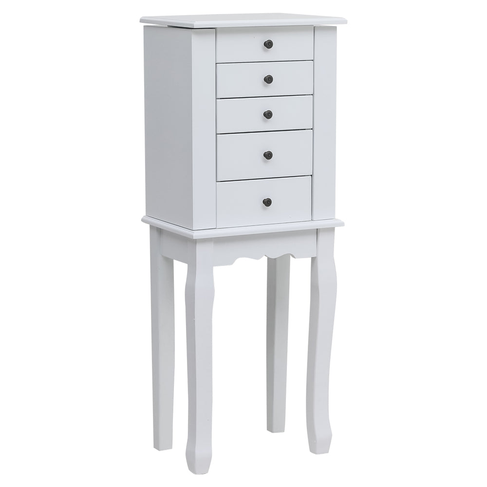 Cosmetics storage Standing Jewelry Armoire with Mirror, 5 Drawers & 8 Necklace Hooks, Jewelry Cabinet Chest with Top Storage Organizer , 2 Side Swing Doors(White)【Local Goods】