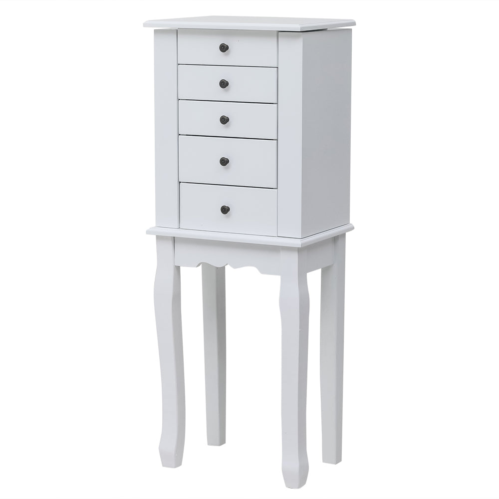Cosmetics storage Standing Jewelry Armoire with Mirror, 5 Drawers & 8 Necklace Hooks, Jewelry Cabinet Chest with Top Storage Organizer , 2 Side Swing Doors(White)【Local Goods】