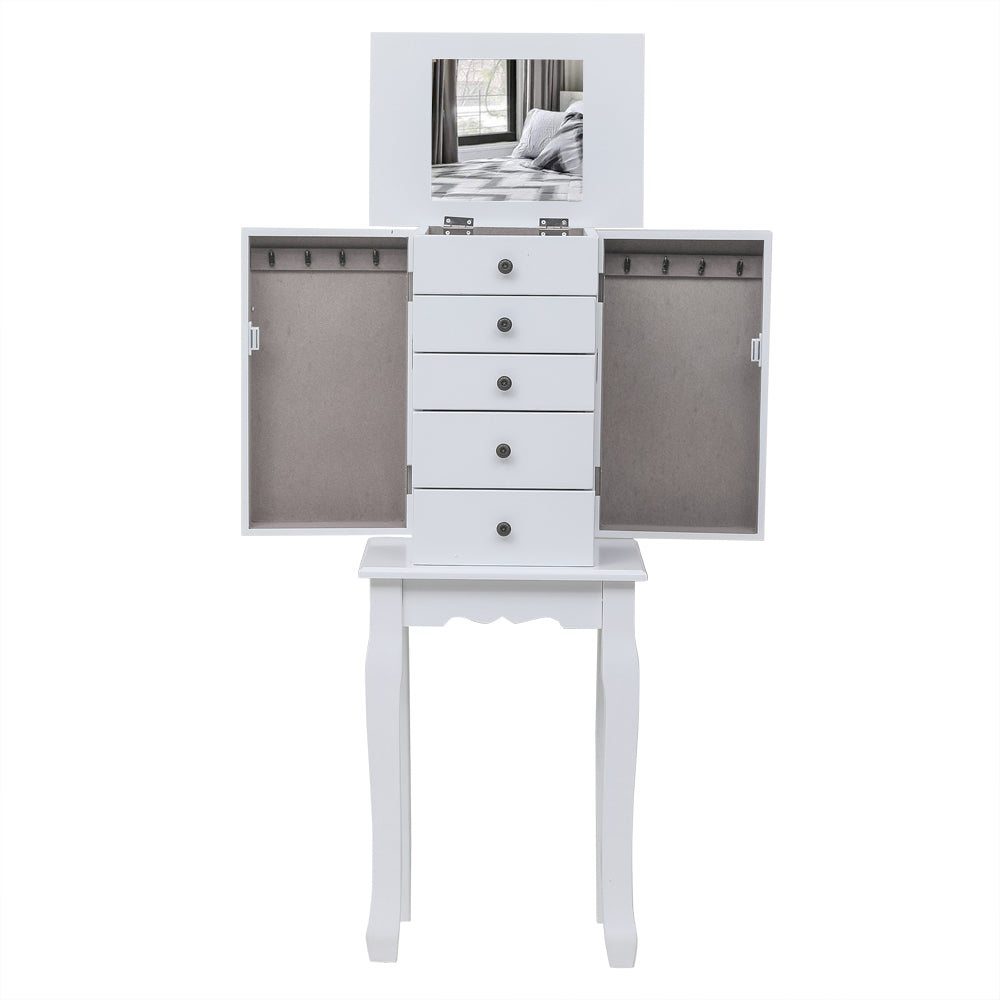 Cosmetics storage Standing Jewelry Armoire with Mirror, 5 Drawers & 8 Necklace Hooks, Jewelry Cabinet Chest with Top Storage Organizer , 2 Side Swing Doors(White)【Local Goods】