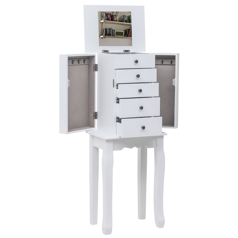 Cosmetics storage Standing Jewelry Armoire with Mirror, 5 Drawers & 8 Necklace Hooks, Jewelry Cabinet Chest with Top Storage Organizer , 2 Side Swing Doors(White)【Local Goods】