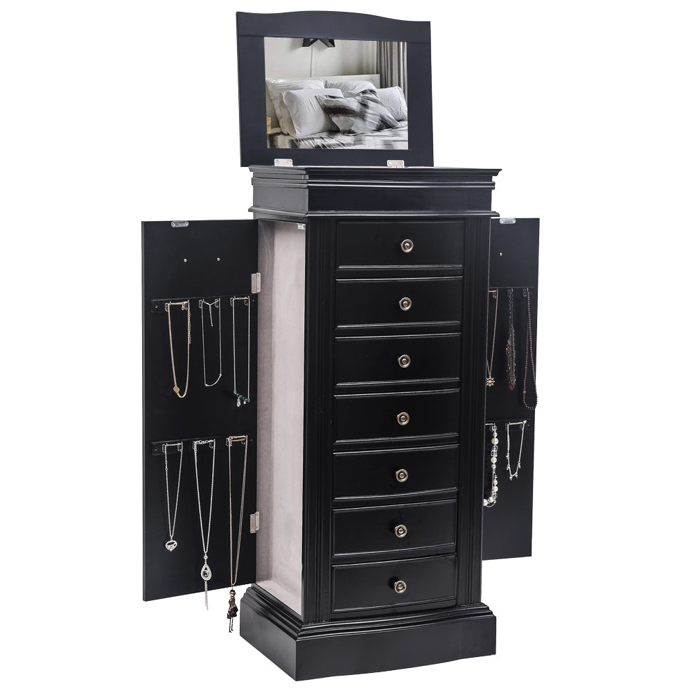 Cosmetics storage Jewelry Armoire with Mirror, 7 Drawers & 24 Necklace Hooks, 2 Side Swing Doors(Black)【Local Goods】