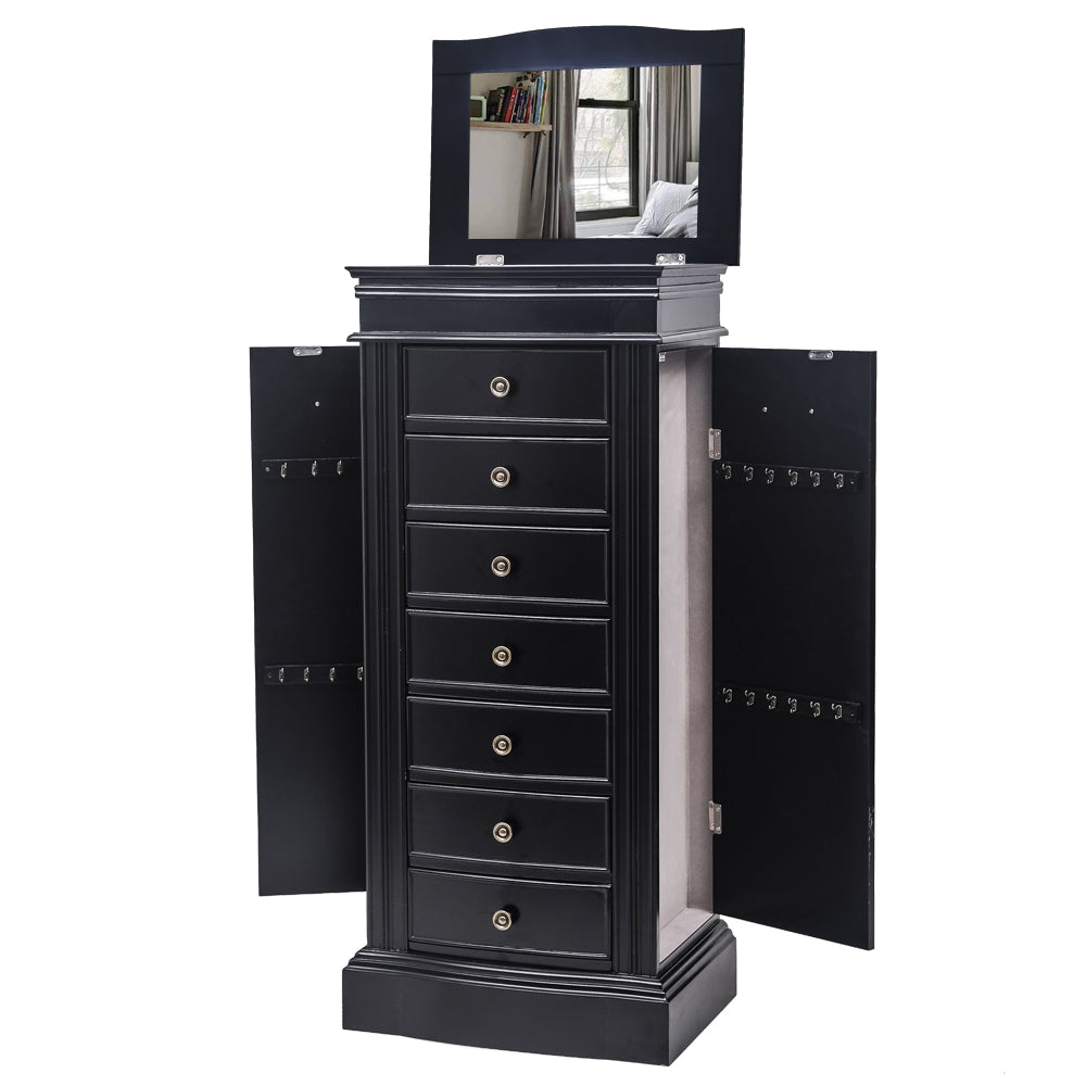 Cosmetics storage Jewelry Armoire with Mirror, 7 Drawers & 24 Necklace Hooks, 2 Side Swing Doors(Black)【Local Goods】