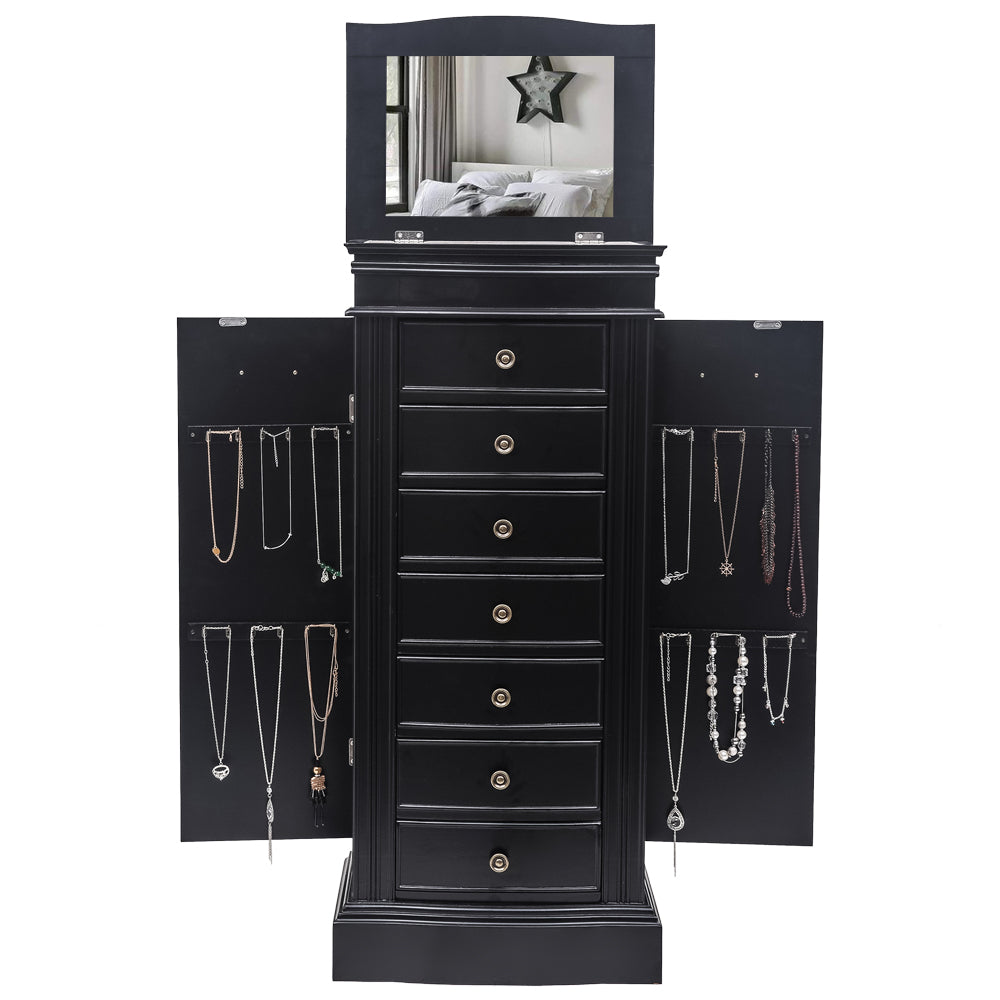 Cosmetics storage Jewelry Armoire with Mirror, 7 Drawers & 24 Necklace Hooks, 2 Side Swing Doors(Black)【Local Goods】