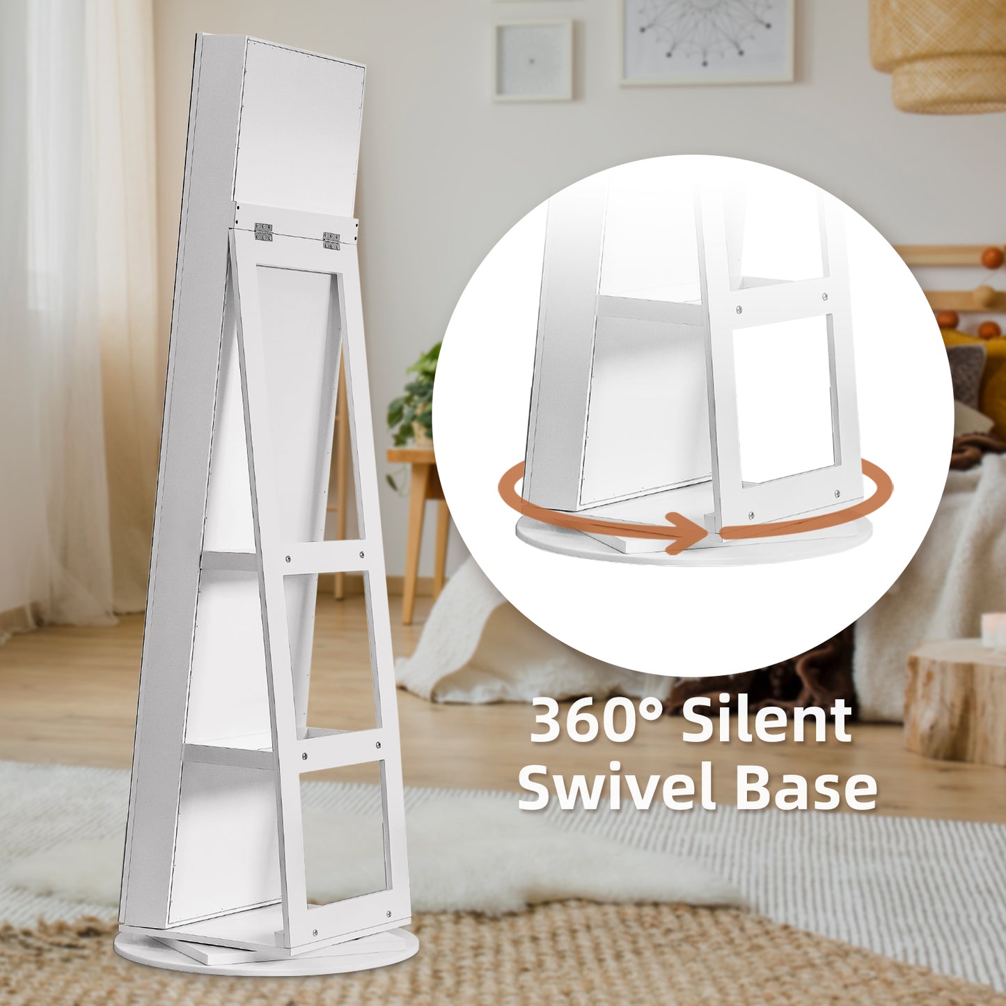 Cosmetics storage Jewelry Armoire with Full Length Mirror 360° and Large Capacity Jewelry Organizer Armoire, Lockable Mirror with Jewelry Storage, Multi Storage Shelves【Local Goods】