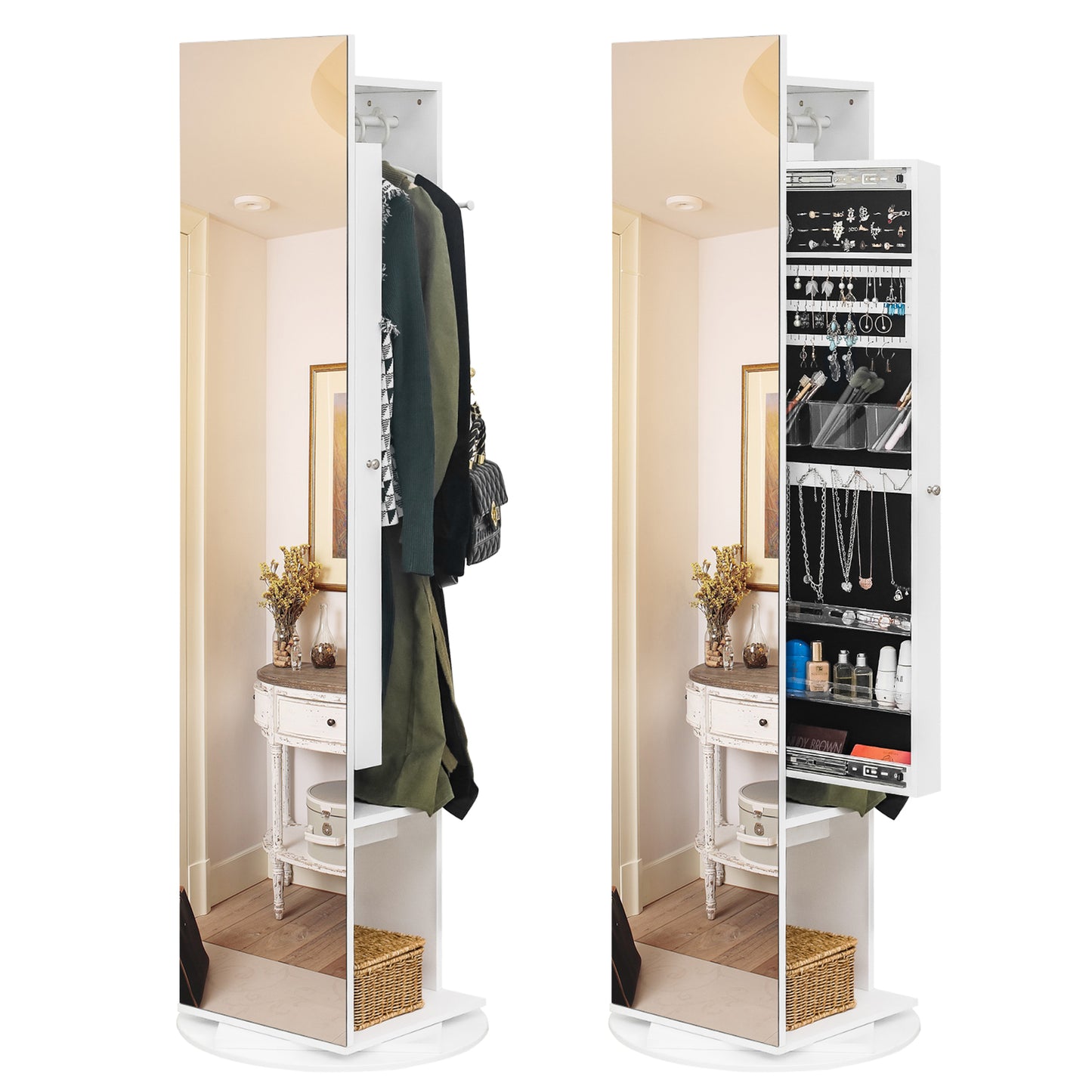Cosmetics storage Jewelry Armoire with Full Length Mirror 360° and Large Capacity Jewelry Organizer Armoire, Mirror with Jewelry Storage, Coat Rack,Multi Storage Shelves【Local Goods】