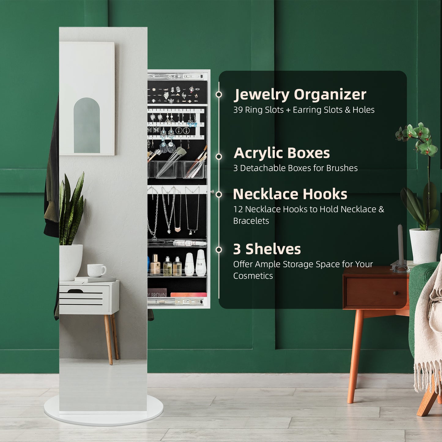 Cosmetics storage Jewelry Armoire with Full Length Mirror 360° and Large Capacity Jewelry Organizer Armoire, Mirror with Jewelry Storage, Coat Rack,Multi Storage Shelves【Local Goods】