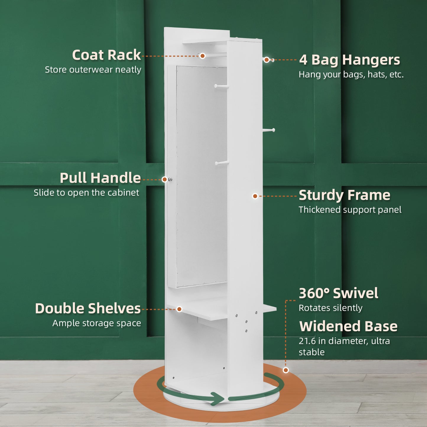 Cosmetics storage Jewelry Armoire with Full Length Mirror 360° and Large Capacity Jewelry Organizer Armoire, Mirror with Jewelry Storage, Coat Rack,Multi Storage Shelves【Local Goods】