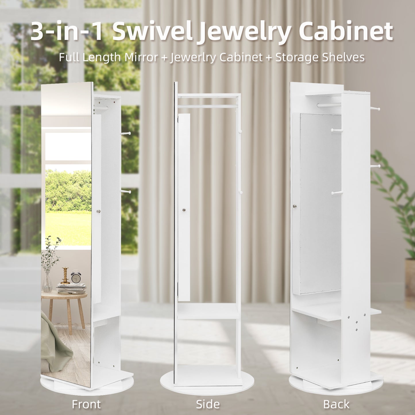 Cosmetics storage Jewelry Armoire with Full Length Mirror 360° and Large Capacity Jewelry Organizer Armoire, Mirror with Jewelry Storage, Coat Rack,Multi Storage Shelves【Local Goods】