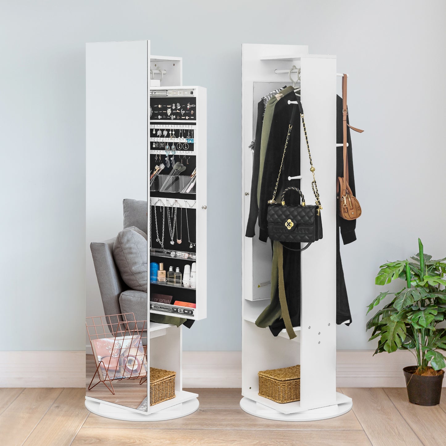 Cosmetics storage Jewelry Armoire with Full Length Mirror 360° and Large Capacity Jewelry Organizer Armoire, Mirror with Jewelry Storage, Coat Rack,Multi Storage Shelves【Local Goods】