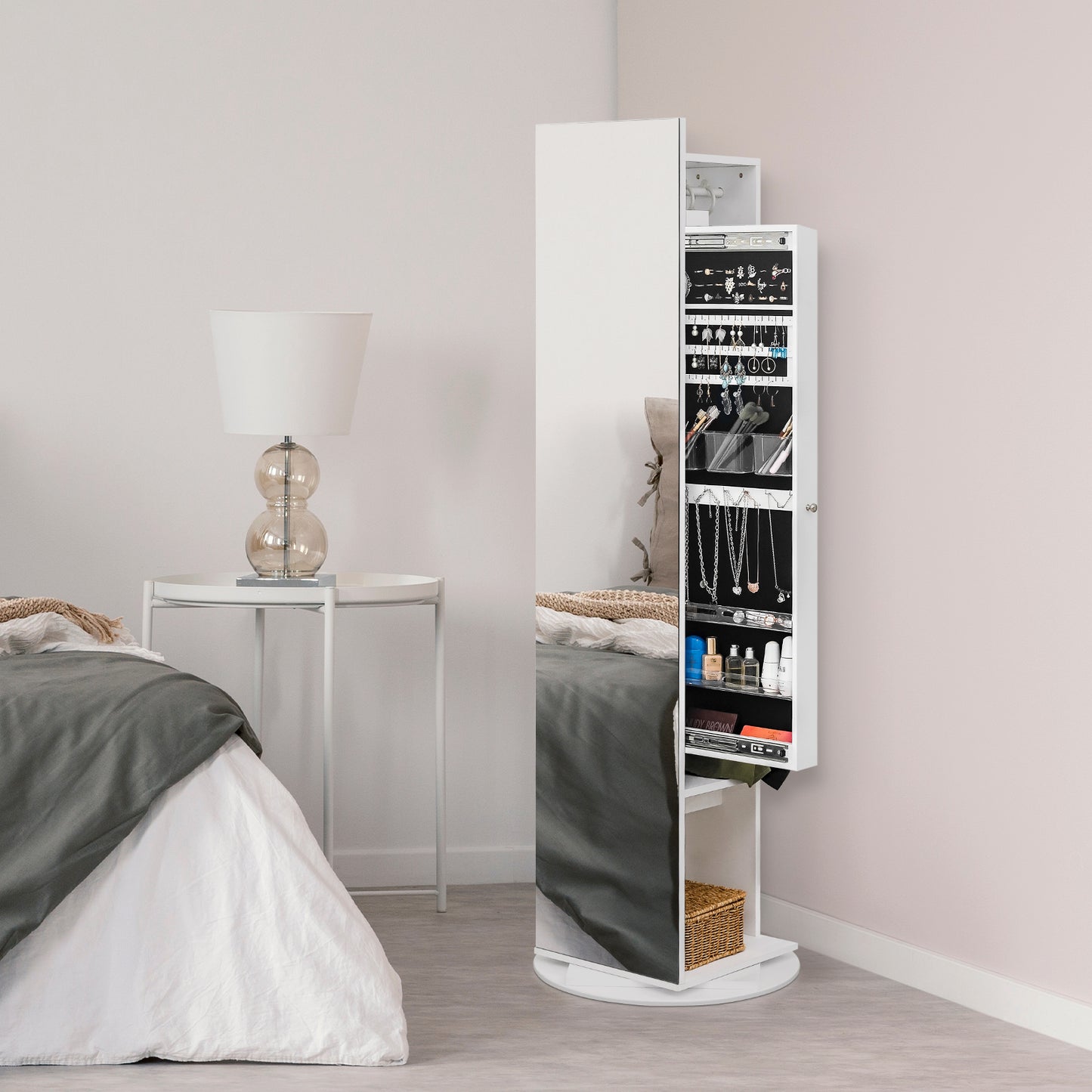 Cosmetics storage Jewelry Armoire with Full Length Mirror 360° and Large Capacity Jewelry Organizer Armoire, Mirror with Jewelry Storage, Coat Rack,Multi Storage Shelves【Local Goods】