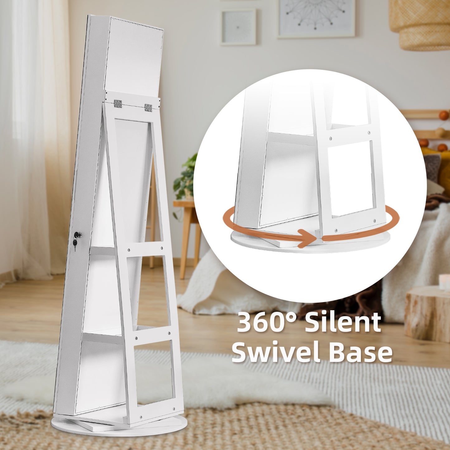 Cosmetics storage Jewelry Armoire with Full Length Mirror 360° and Large Capacity Jewelry Organizer Armoire, Lockable Mirror with Jewelry Storage, Multi Storage Shelves【Local Goods】