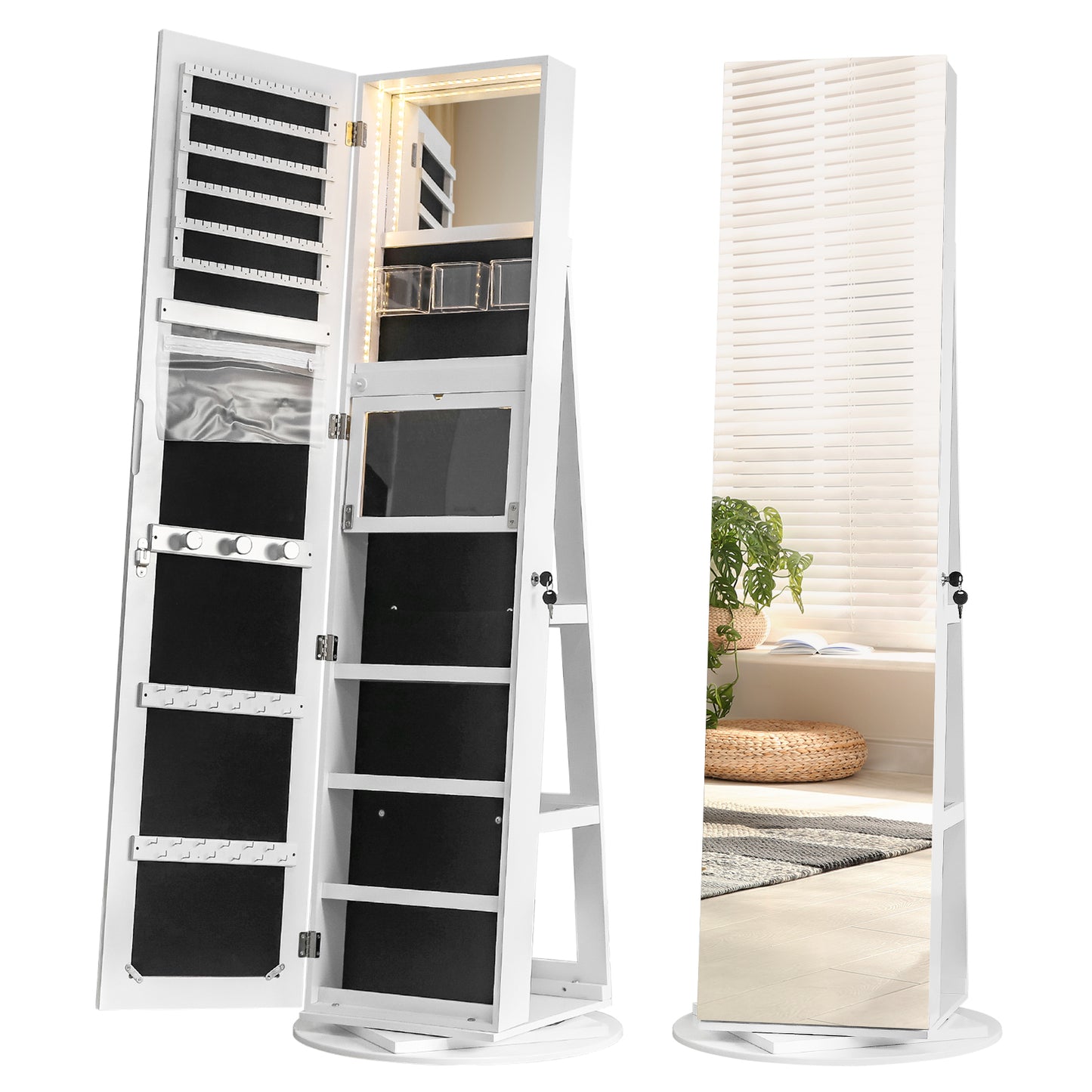 Cosmetics storage Jewelry Armoire with Full Length Mirror 360° and Large Capacity Jewelry Organizer Armoire, Lockable Mirror with Jewelry Storage, Multi Storage Shelves【Local Goods】