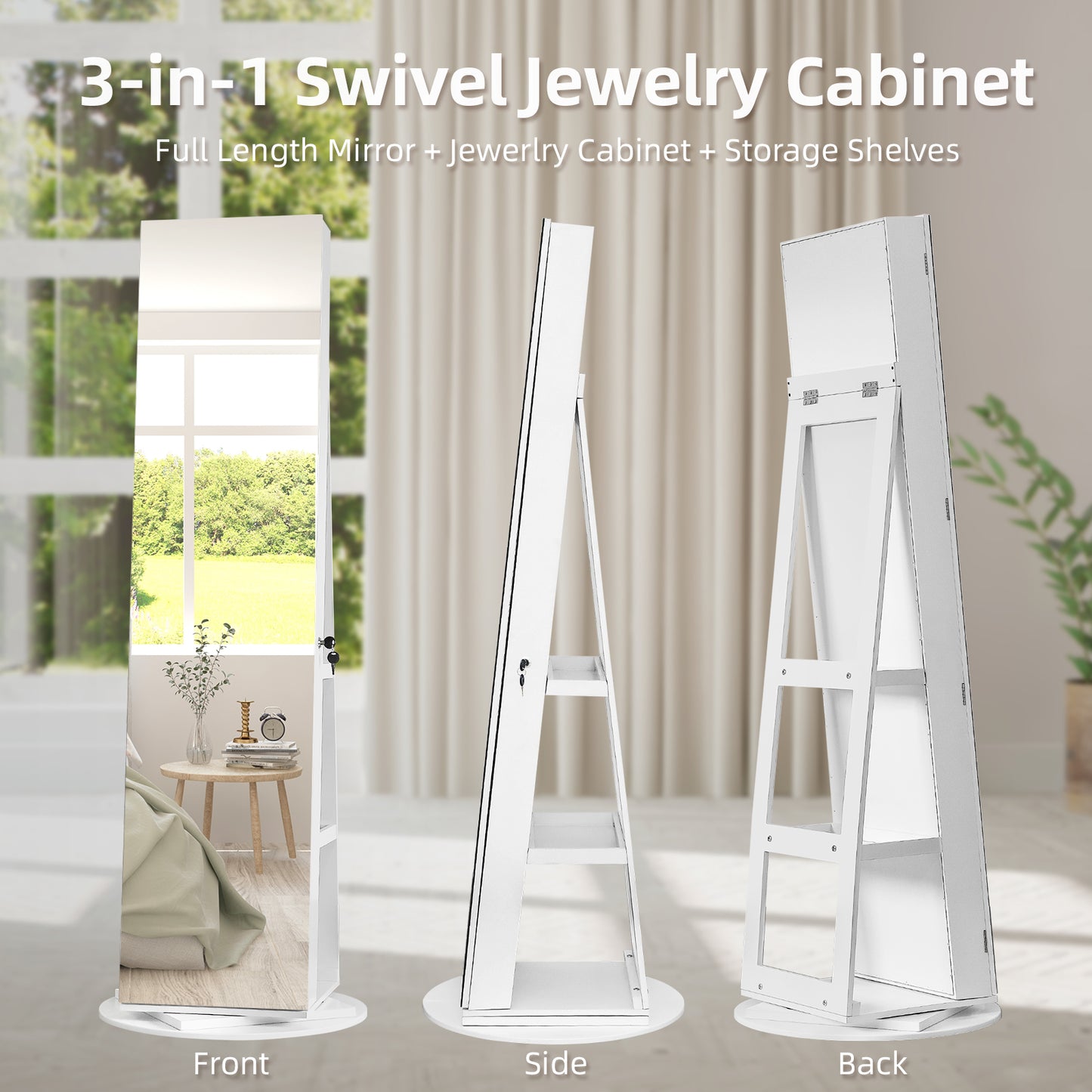 Cosmetics storage Jewelry Armoire with Full Length Mirror 360° and Large Capacity Jewelry Organizer Armoire, Lockable Mirror with Jewelry Storage, Multi Storage Shelves【Local Goods】