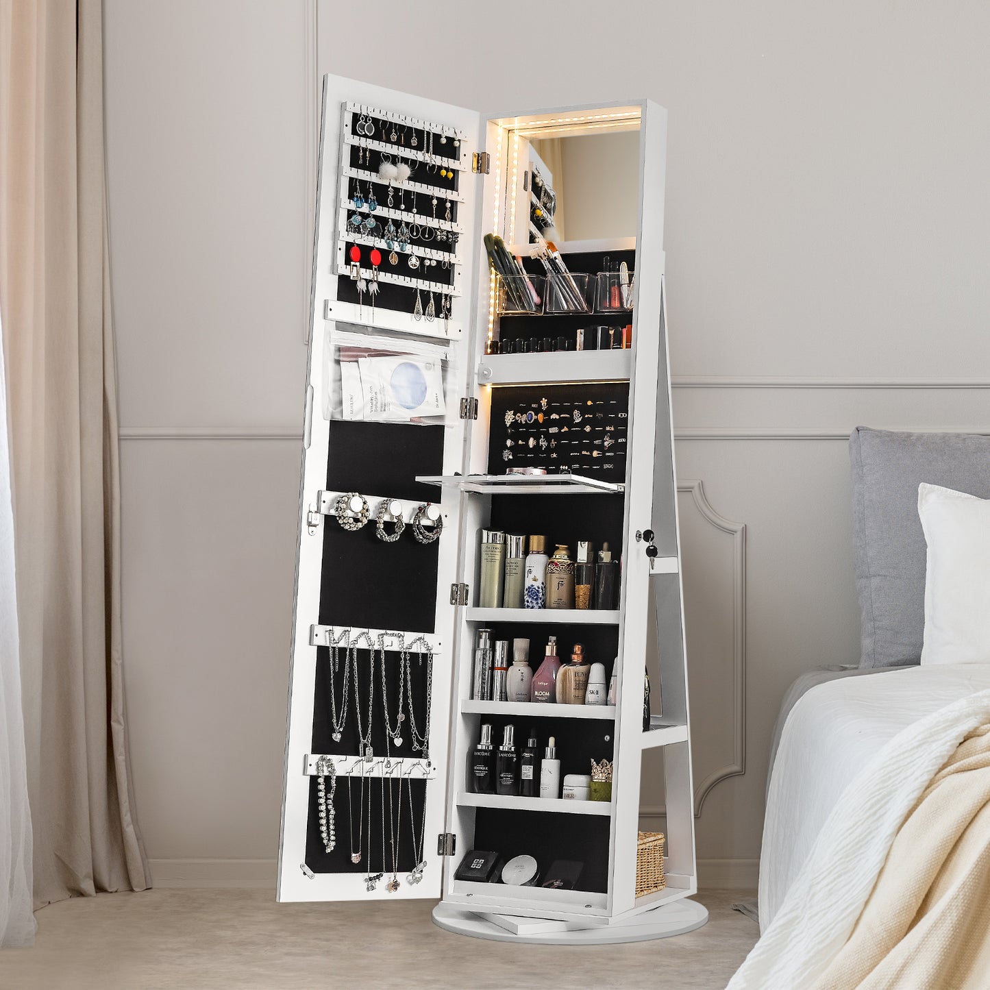 Cosmetics storage Jewelry Armoire with Full Length Mirror 360° and Large Capacity Jewelry Organizer Armoire, Lockable Mirror with Jewelry Storage, Multi Storage Shelves【Local Goods】