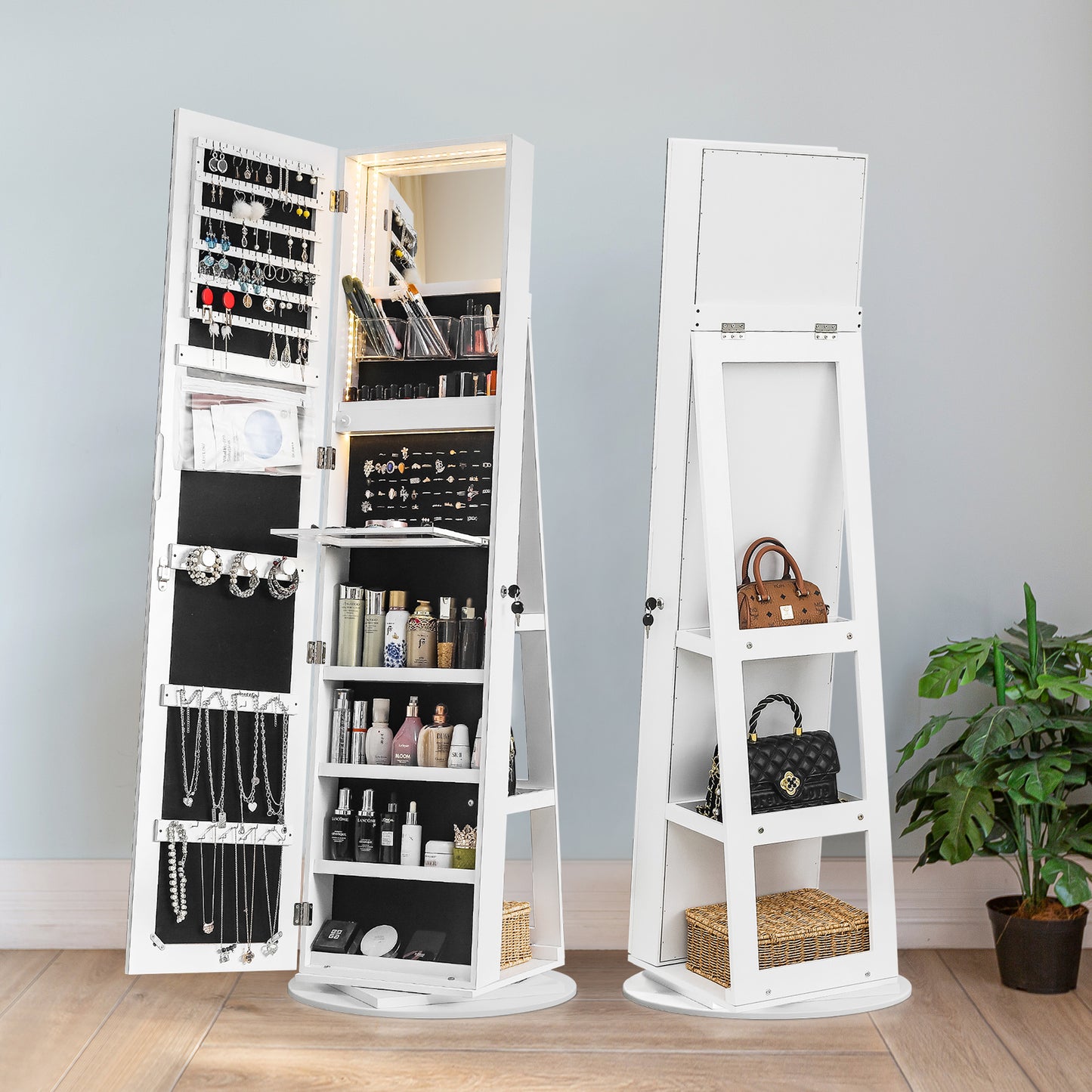 Cosmetics storage Jewelry Armoire with Full Length Mirror 360° and Large Capacity Jewelry Organizer Armoire, Lockable Mirror with Jewelry Storage, Multi Storage Shelves【Local Goods】