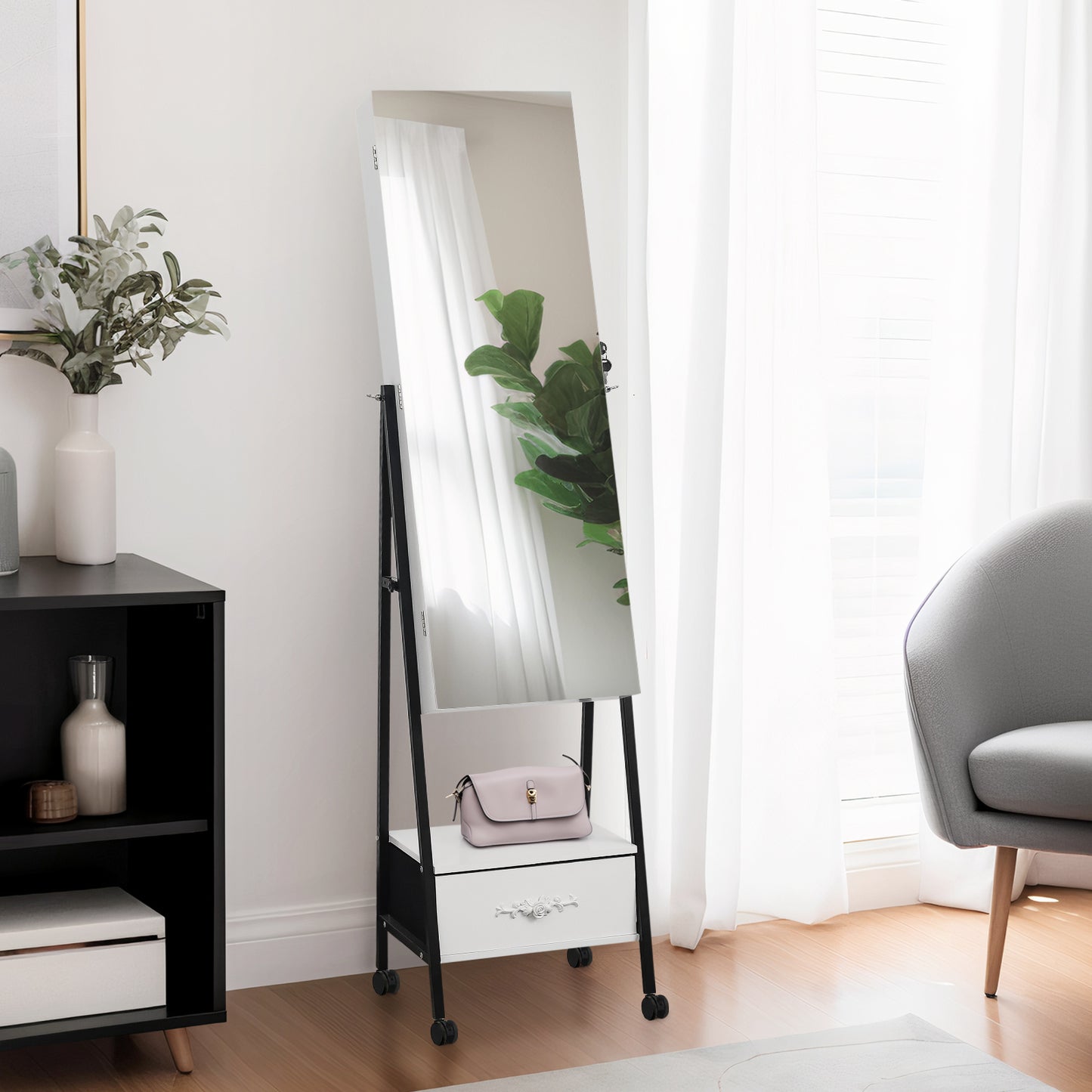 Cosmetics storage Full mirror wooden floor style, with 1 large drawer, 4 wheels, white light beads, jewelry storage mirror cabinet - white【Local Goods】
