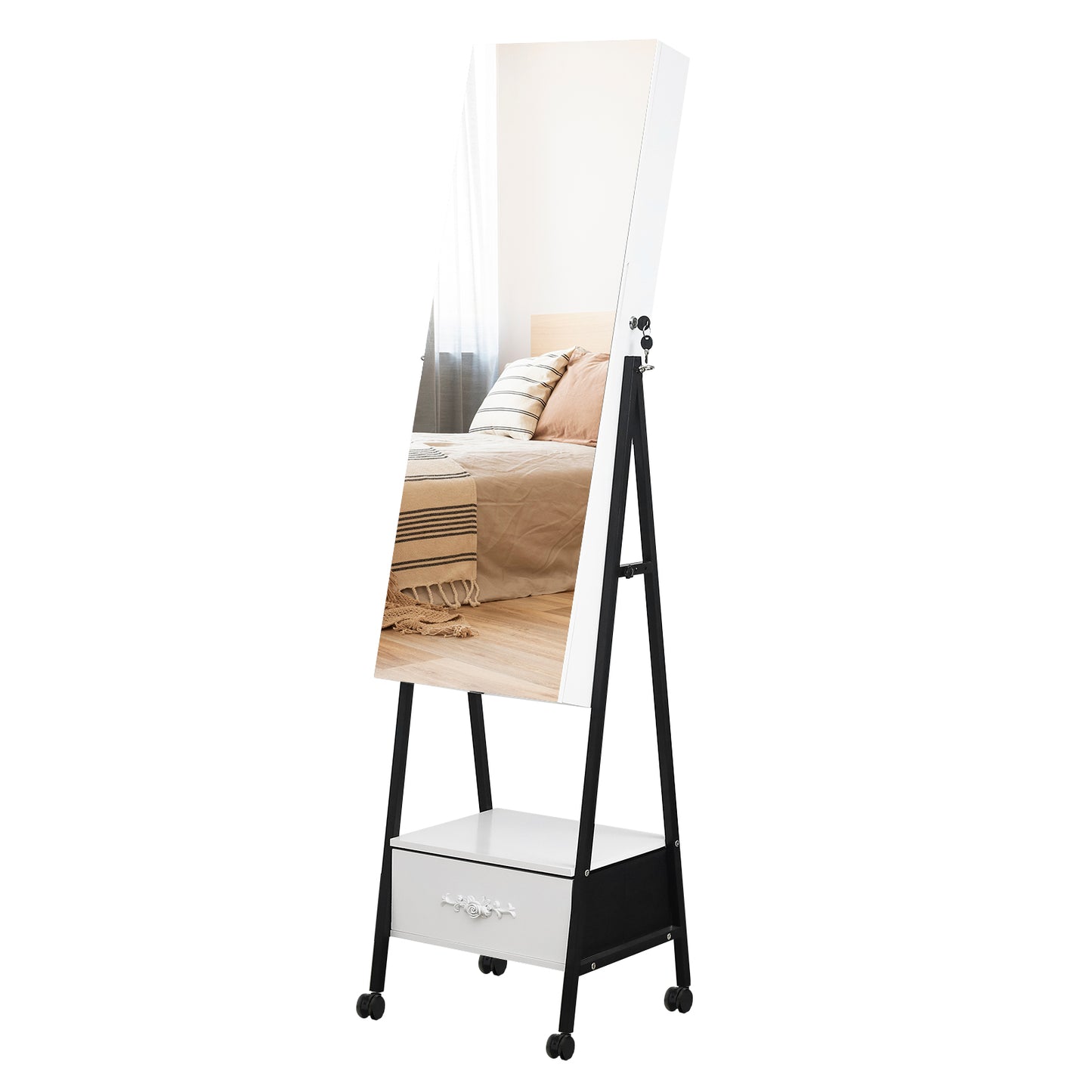 Cosmetics storage Full mirror wooden floor style, with 1 large drawer, 4 wheels, white light beads, jewelry storage mirror cabinet - white【Local Goods】