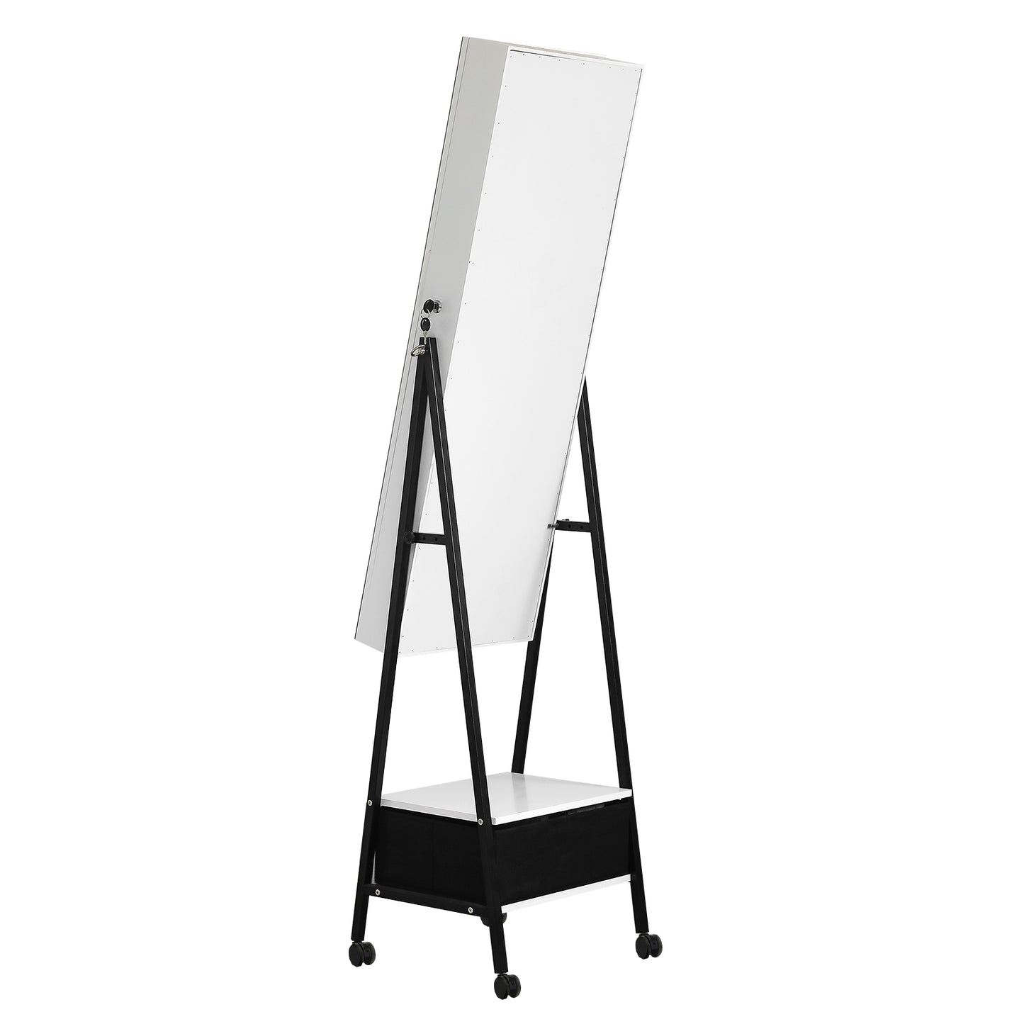 Cosmetics storage Full mirror wooden floor style, with 1 large drawer, 4 wheels, white light beads, jewelry storage mirror cabinet - white【Local Goods】
