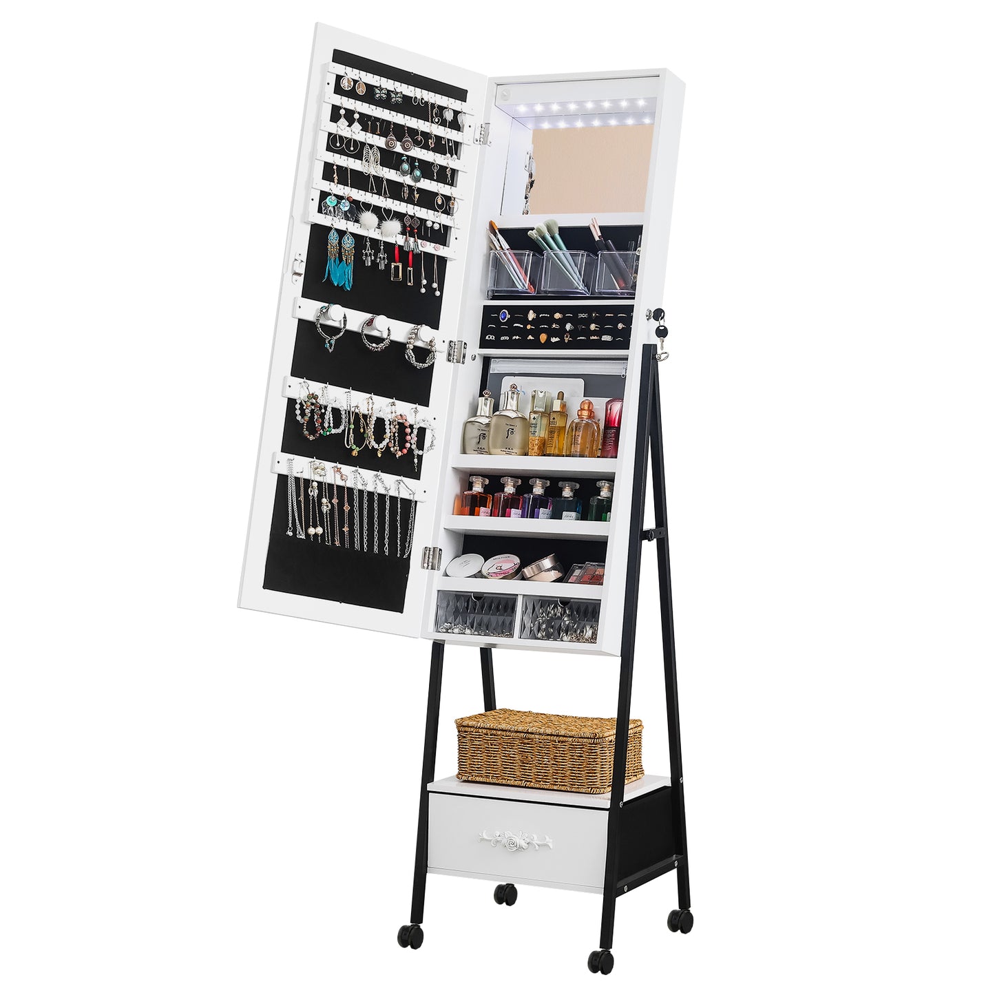 Cosmetics storage Full mirror wooden floor style, with 1 large drawer, 4 wheels, white light beads, jewelry storage mirror cabinet - white【Local Goods】