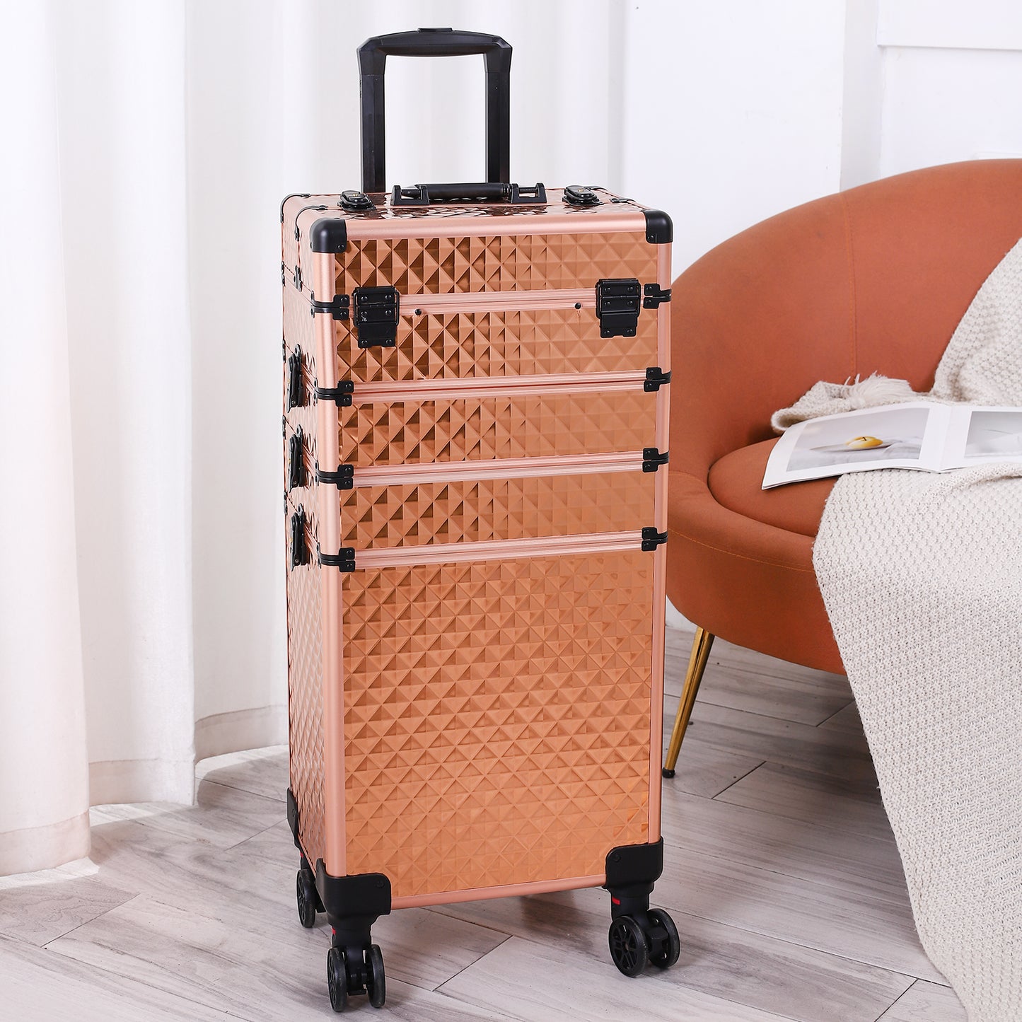 Cosmetics storage 4-in-1 Draw-bar Style Interchangeable Aluminum Rolling Makeup Case-Rose Gold【Local Goods】