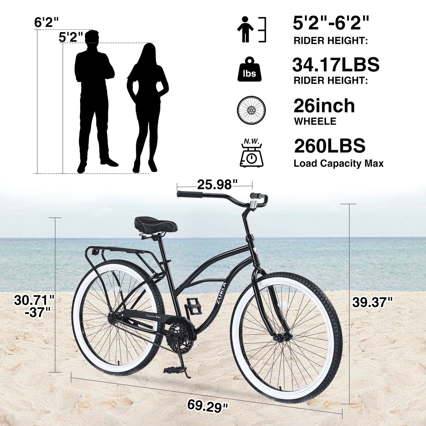 Ride and Slide Single Speed Bicycles 26"Inch,Steel Frame, Wide Wheels for Stability, Rear Coaster Brakes,Multiple Colors Men's Beach Cruiser Bike
