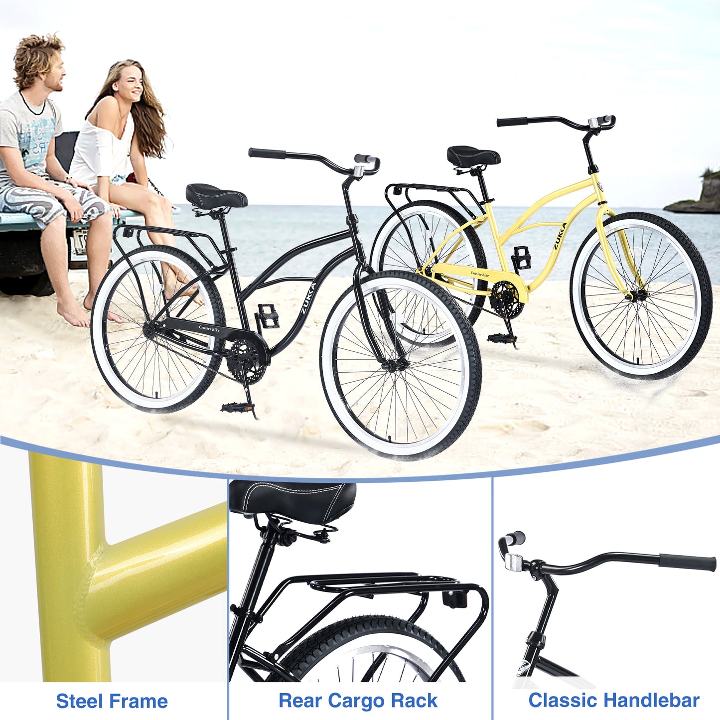 Ride and Slide Single Speed Bicycles 26"Inch,Steel Frame, Wide Wheels for Stability, Rear Coaster Brakes,Multiple Colors Men's Beach Cruiser Bike