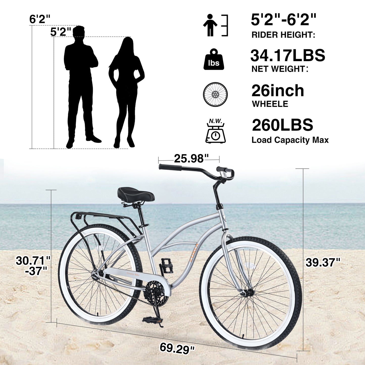 Ride and Slide Single Speed Bicycles 26"Inch,Steel Frame, Wide Wheels for Stability, Rear Coaster Brakes,Multiple Colors Men's Beach Cruiser Bike