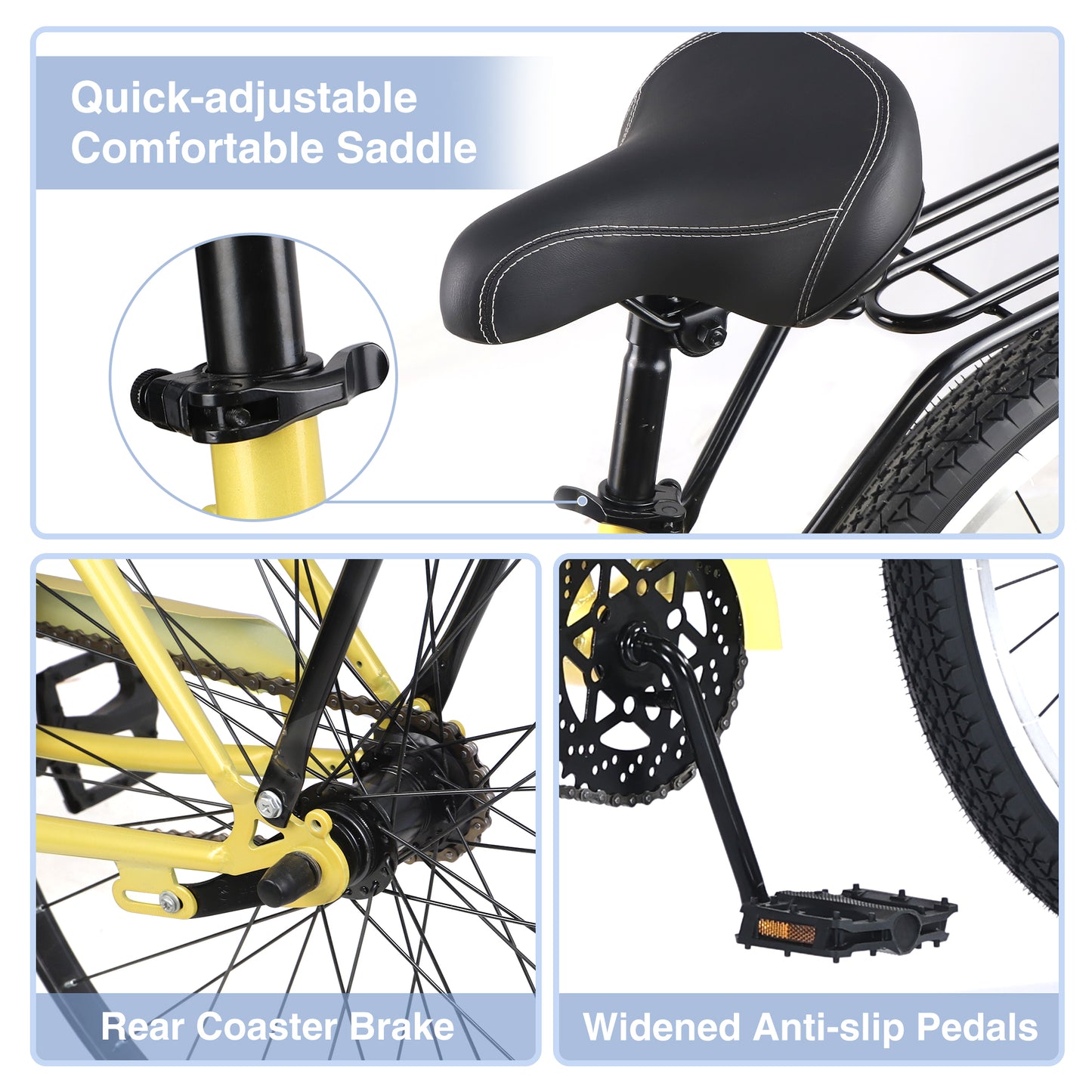 Ride and Slide Single Speed Bicycles 26"Inch,Steel Frame, Wide Wheels for Stability, Rear Coaster Brakes,Multiple Colors Men's Beach Cruiser Bike