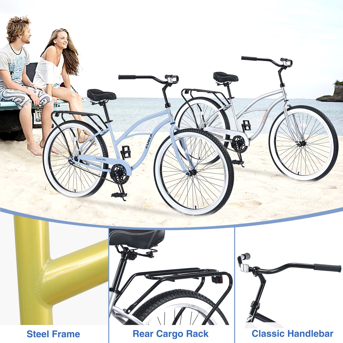 Ride and Slide Single Speed Bicycles 26"Inch,Steel Frame, Wide Wheels for Stability, Rear Coaster Brakes,Multiple Colors Men's Beach Cruiser Bike