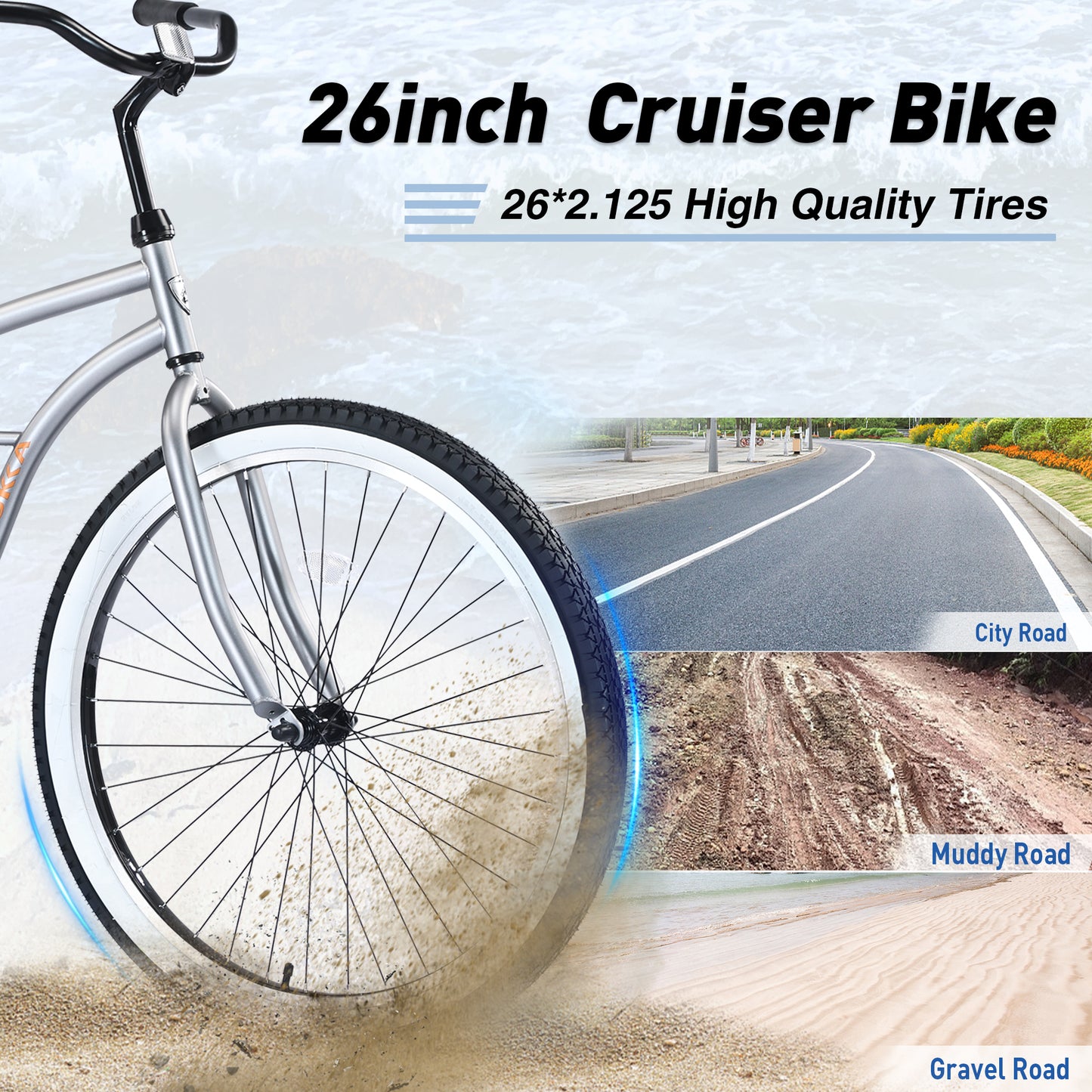 Ride and Slide Single Speed Bicycles 26"Inch,Steel Frame, Wide Wheels for Stability, Rear Coaster Brakes,Multiple Colors Men's Beach Cruiser Bike