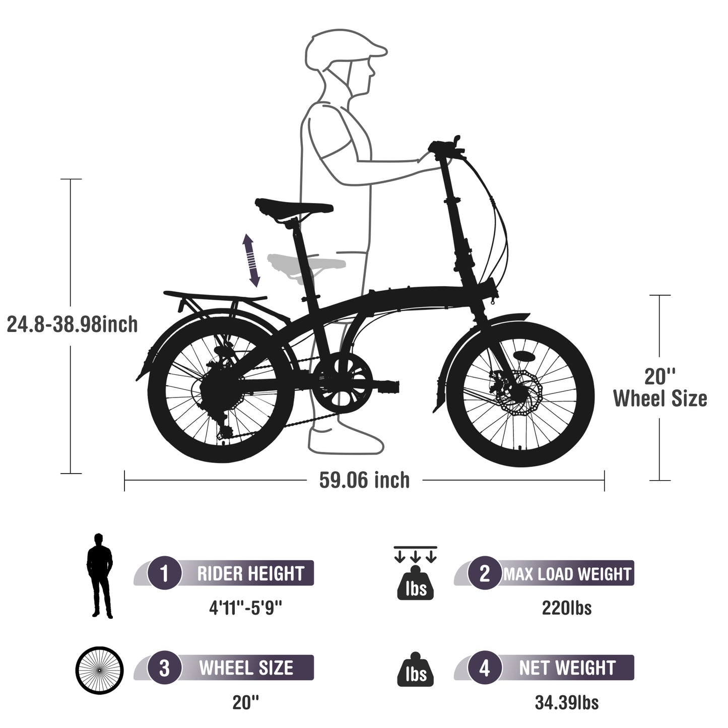 Ride and Slide 20" Folding Bike Steel Frame 7 Speed City Bike