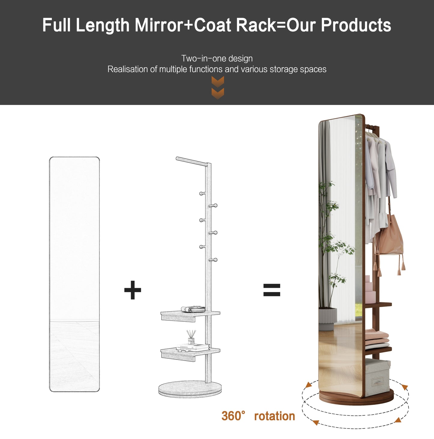 Cosmetics storage Full-length mirror solid wood + rubber wood + glass, 65.7*17.7in(mirror width:13.7in) Large mirror for viewing the whole body, easy to dress and tidy up and place in the bedroom/living room (Walnut)【Local Goods】