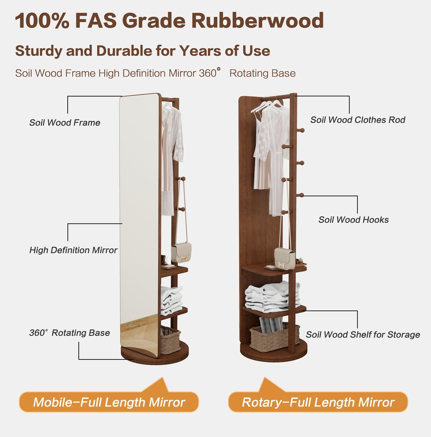 Cosmetics storage Full-length mirror solid wood + rubber wood + glass, 65.7*17.7in(mirror width:13.7in) Large mirror for viewing the whole body, easy to dress and tidy up and place in the bedroom/living room (Walnut)【Local Goods】